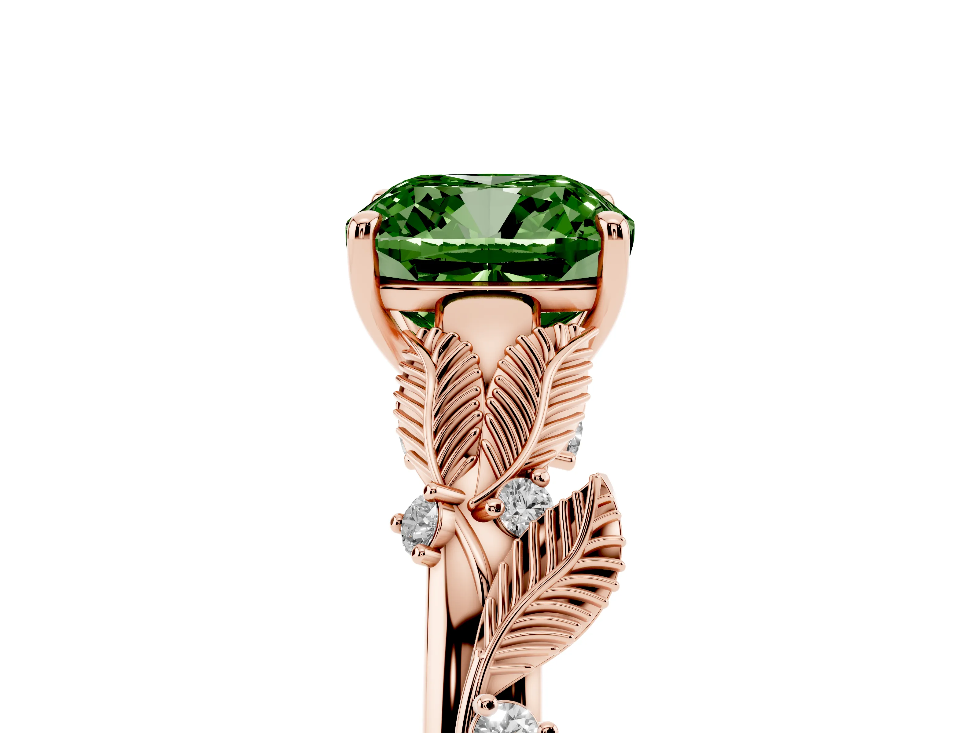 Fancy Green Cushion Cut Diamond Solitaire Ring Set in Rose gold with Leaf Motif Band