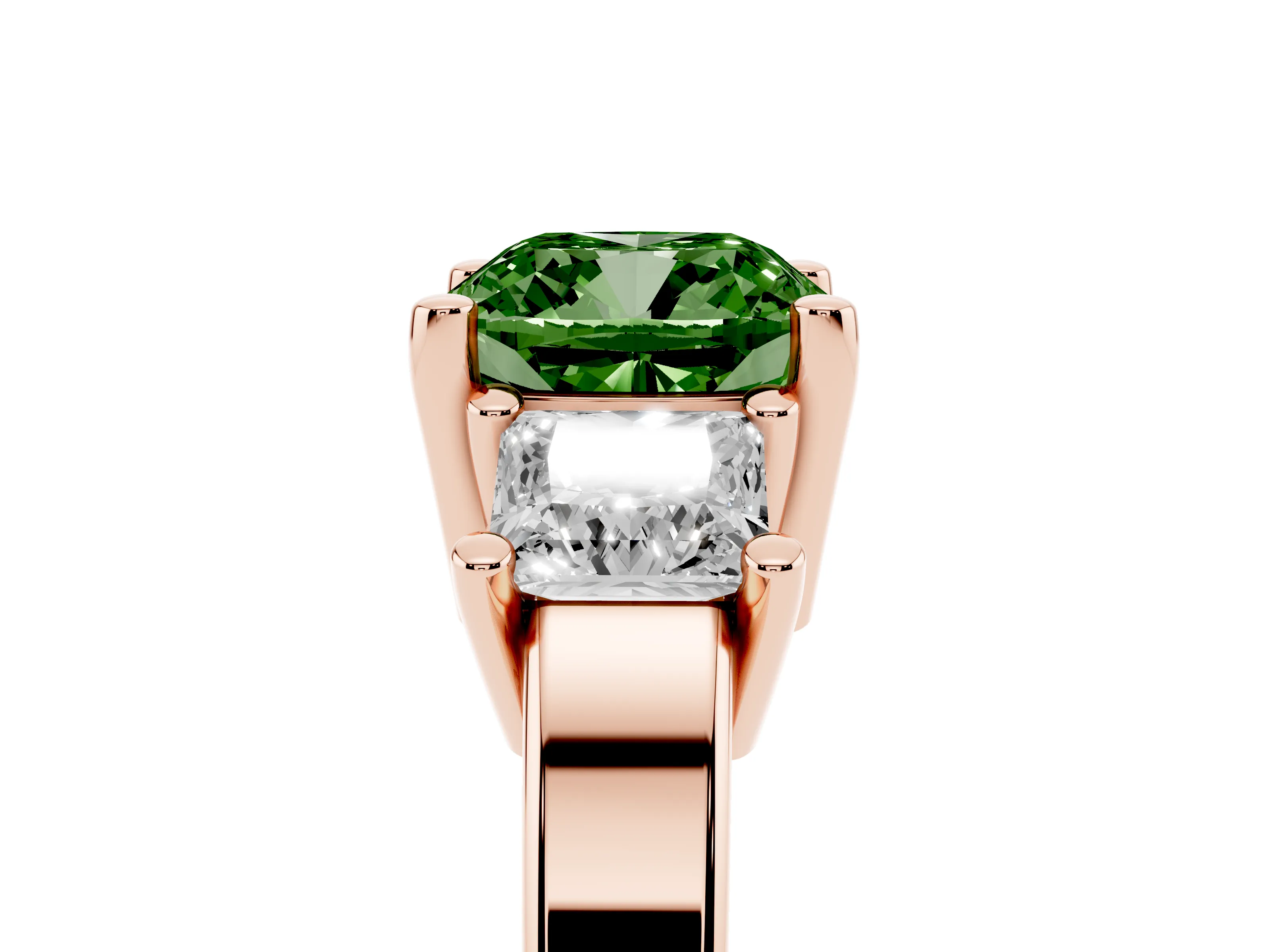 Fancy Green Three-Stone Cushion Cut Diamond Solitaire Ring Set in Rose gold with Prong Setting