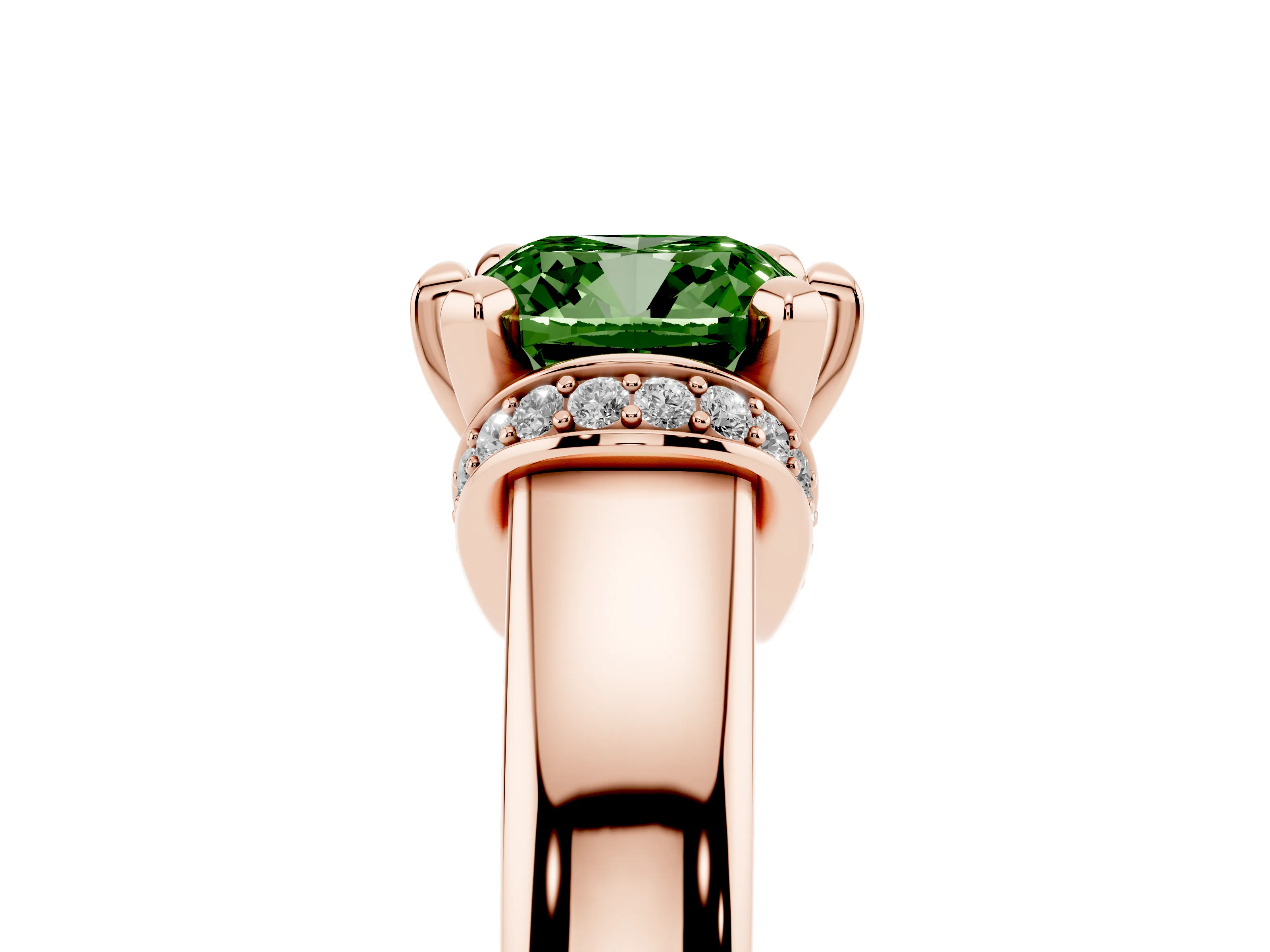 Fancy Green Cushion Cut Diamond Pavé Band Solitaire Ring Set in Rose gold with Prong Setting