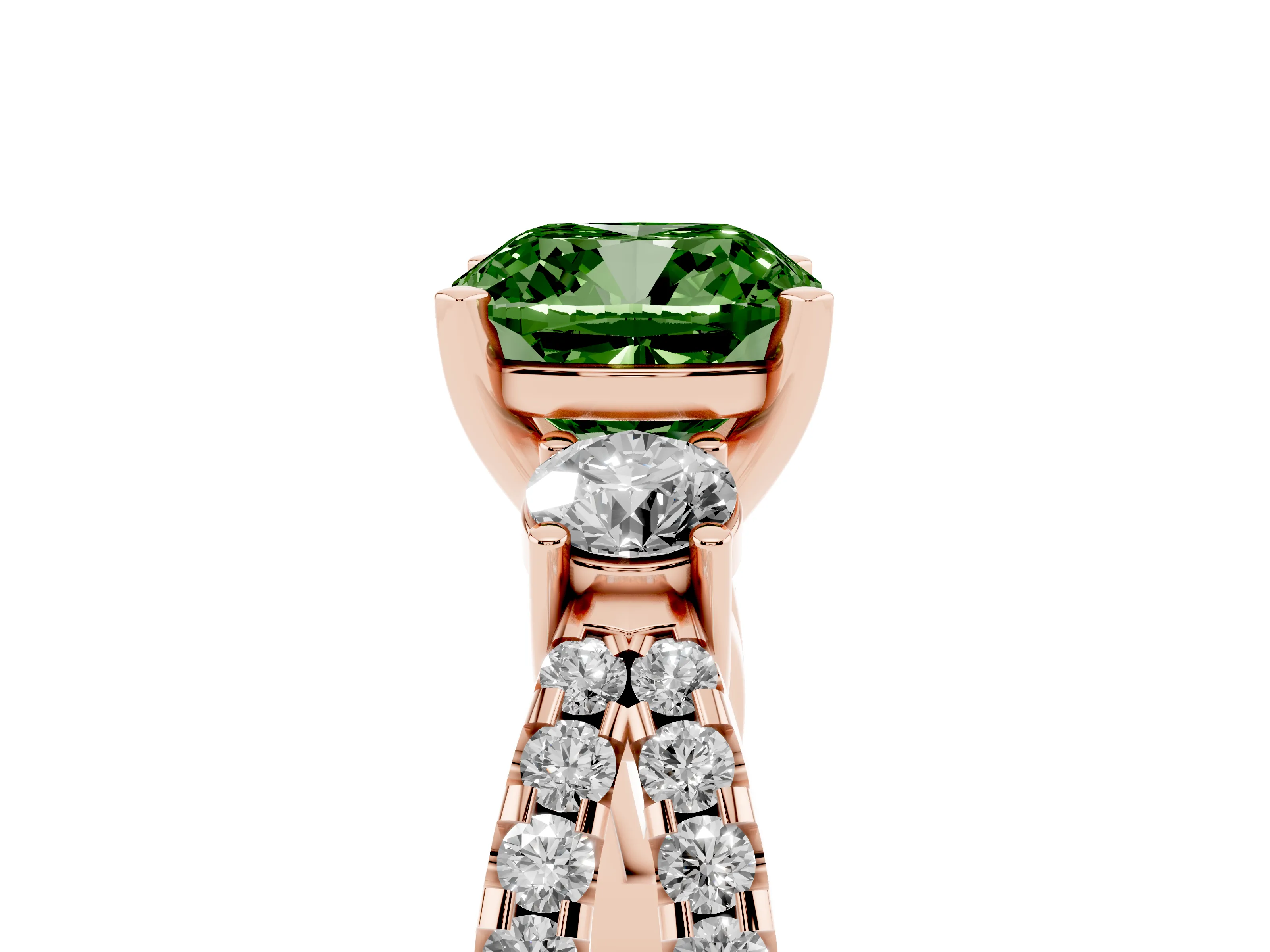 Fancy Green Cushion Cut Diamond Three-Stone Ring Set in Rose gold with Pavé Split Shank and Prong Setting