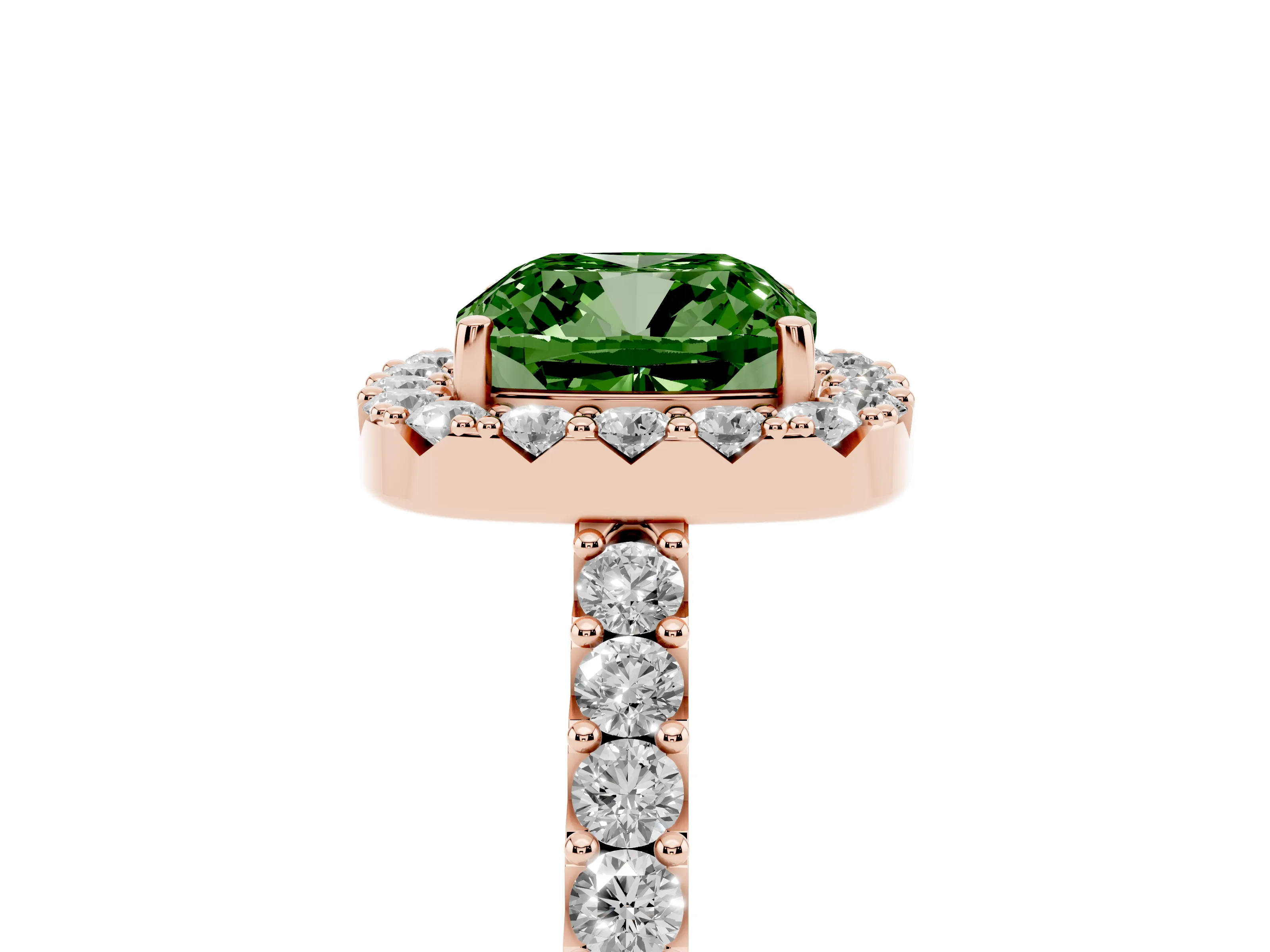 Fancy Green Cushion Cut Diamond Halo Pavé Solitaire Ring Set in Rose gold with Prong-Set Center Stone