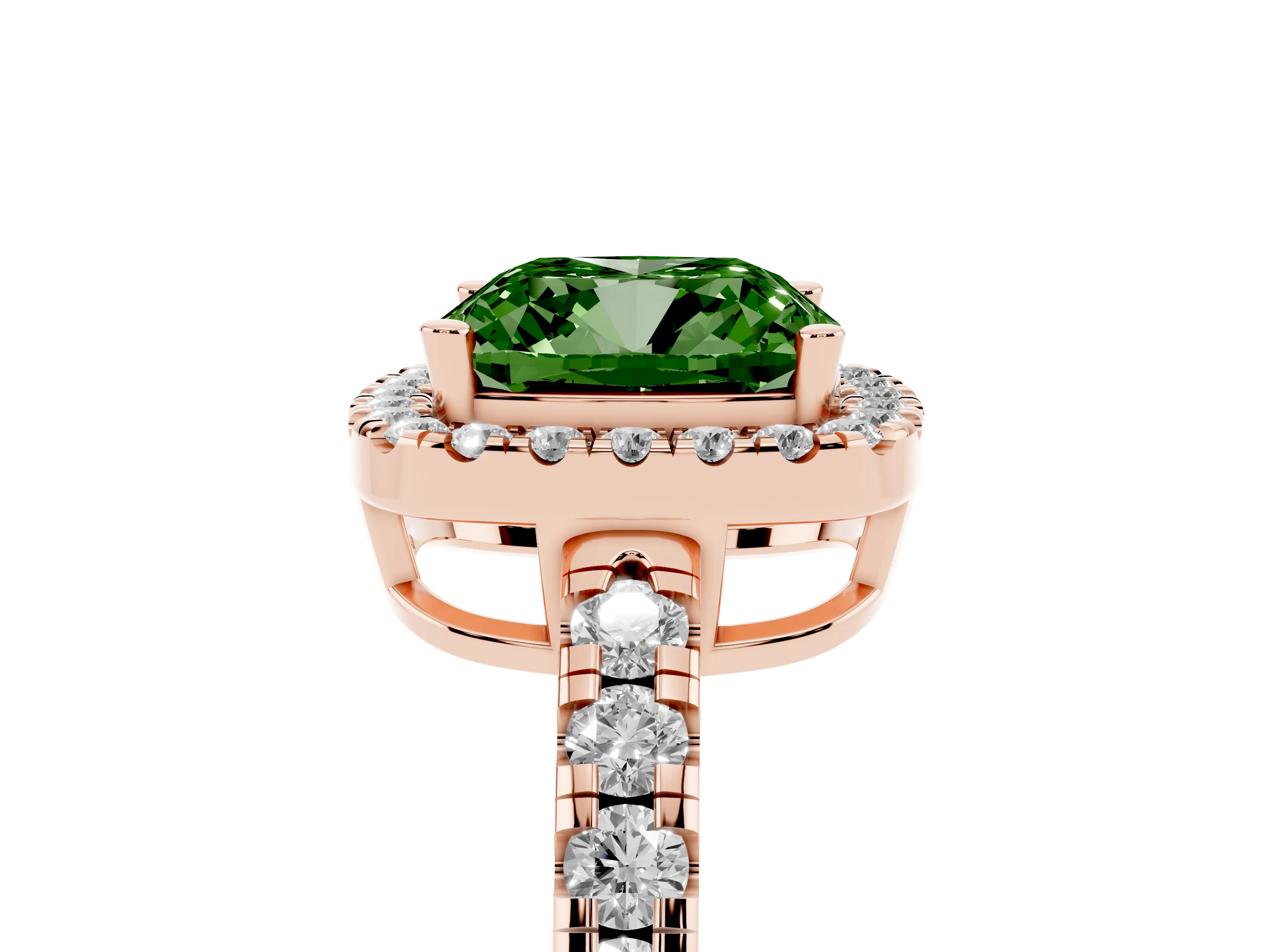 Fancy Green Cushion Cut Diamond Halo Ring Set in Rose gold with Delicate Pavé Band and Prong Setting