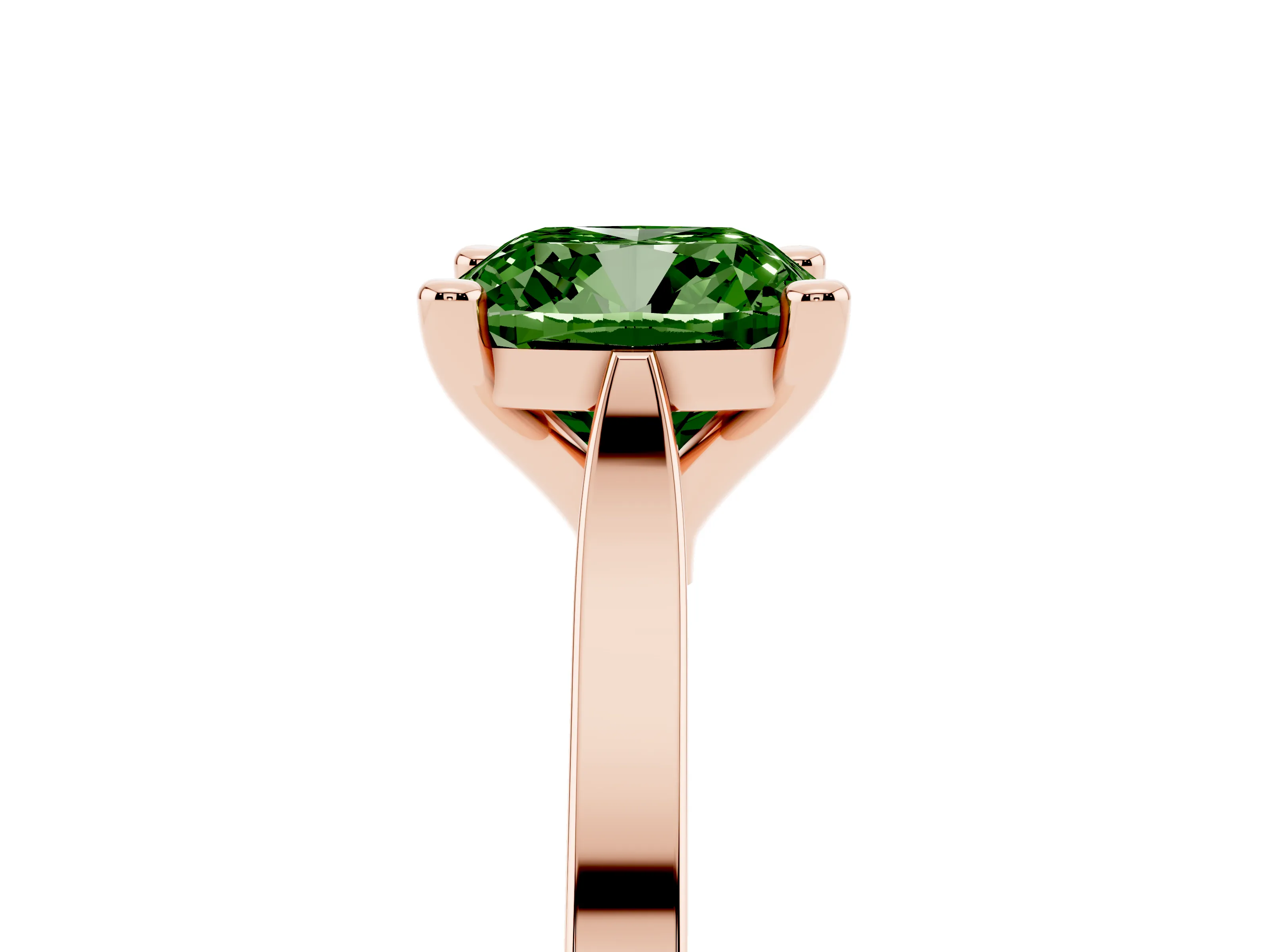 Fancy Green Cushion Cut Diamond Solitaire Ring Set in Rose gold with Prong Setting and Tapered Band