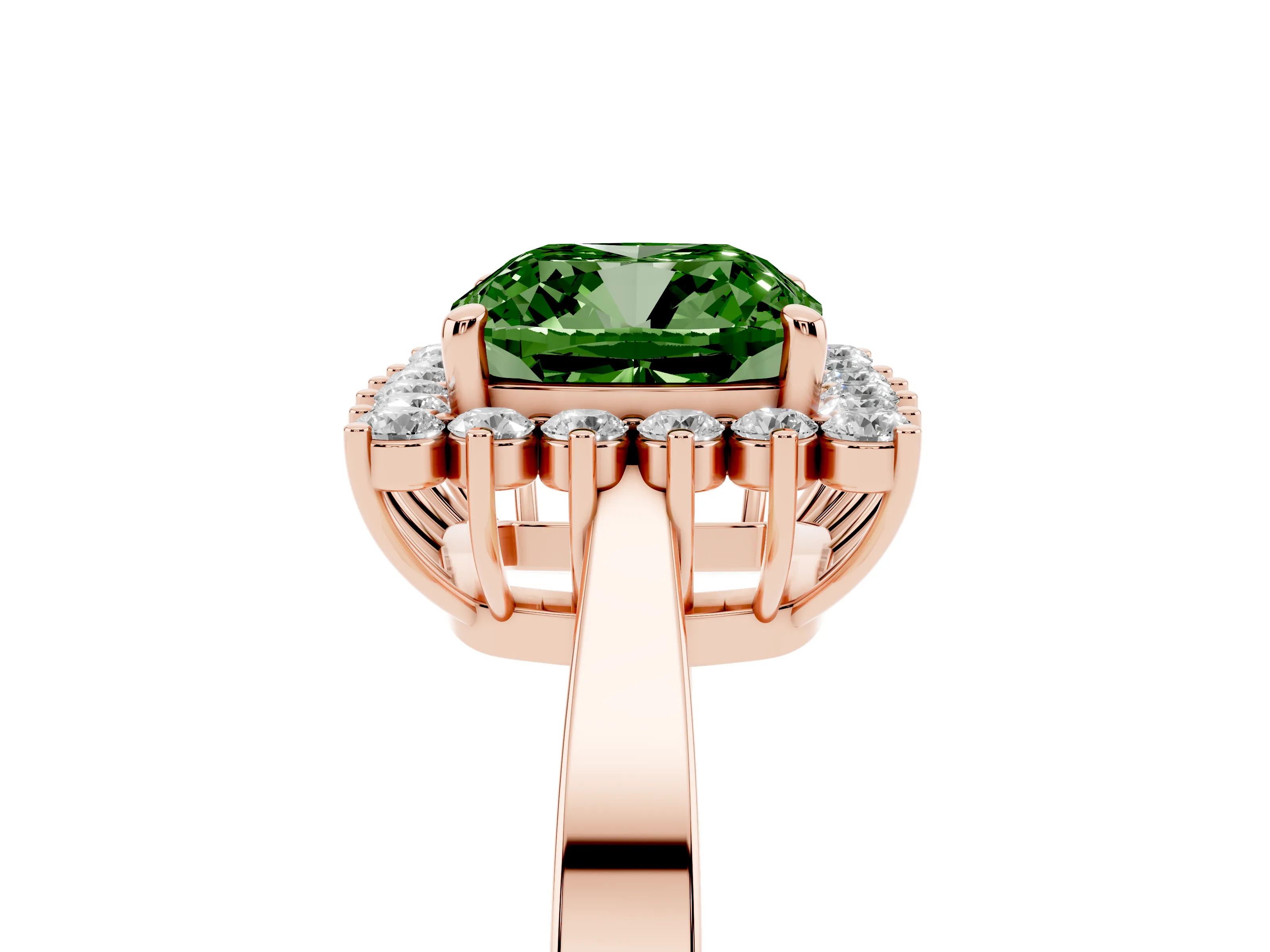 Fancy Green Cushion Cut Diamond Halo Ring Set in Rose gold with Round Halo and Smooth Solitaire Band