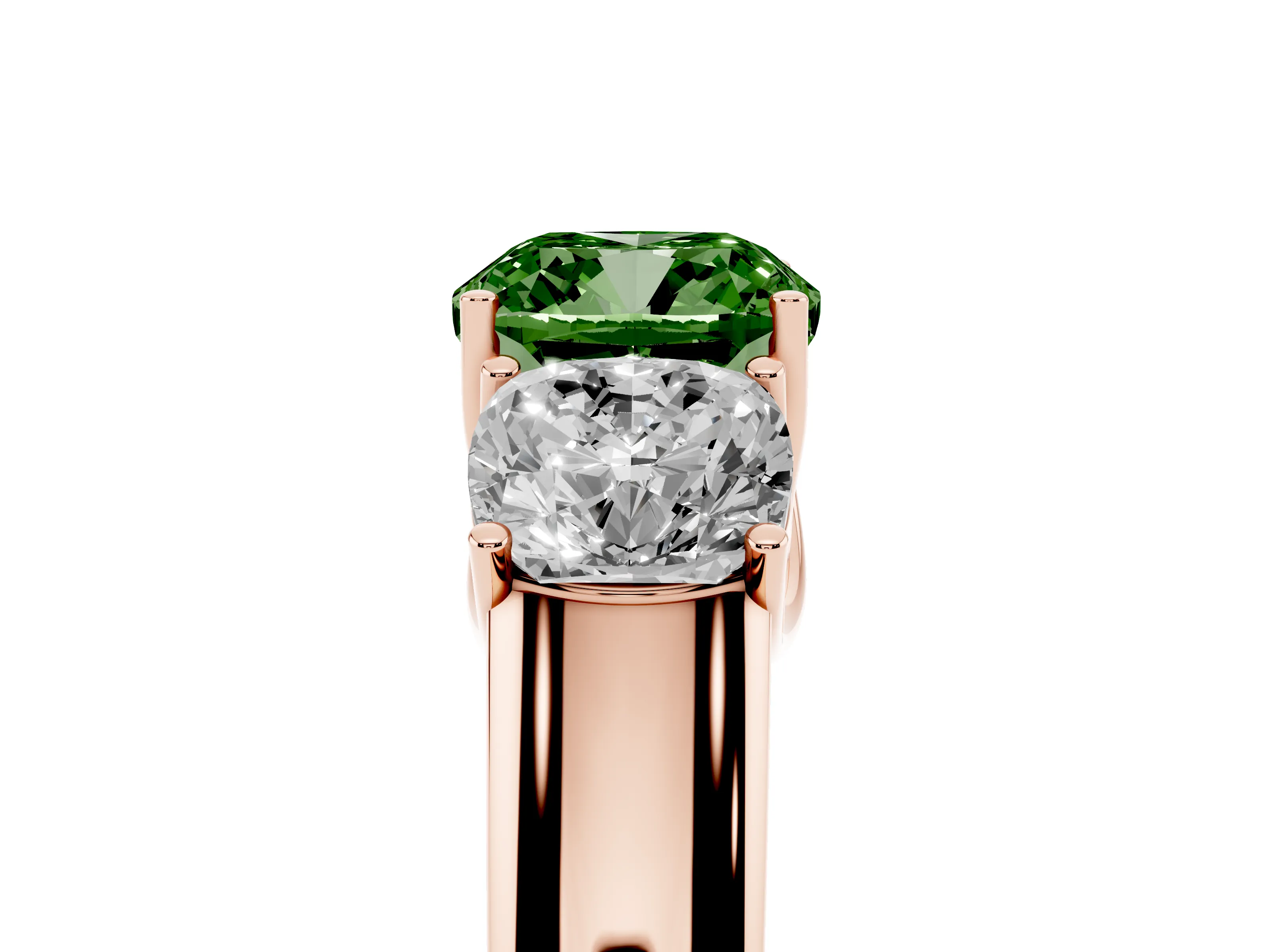 Fancy Green Three-Stone Cushion Cut Diamond Ring Set in Rose gold with Matching Prong Settings and Plain Band