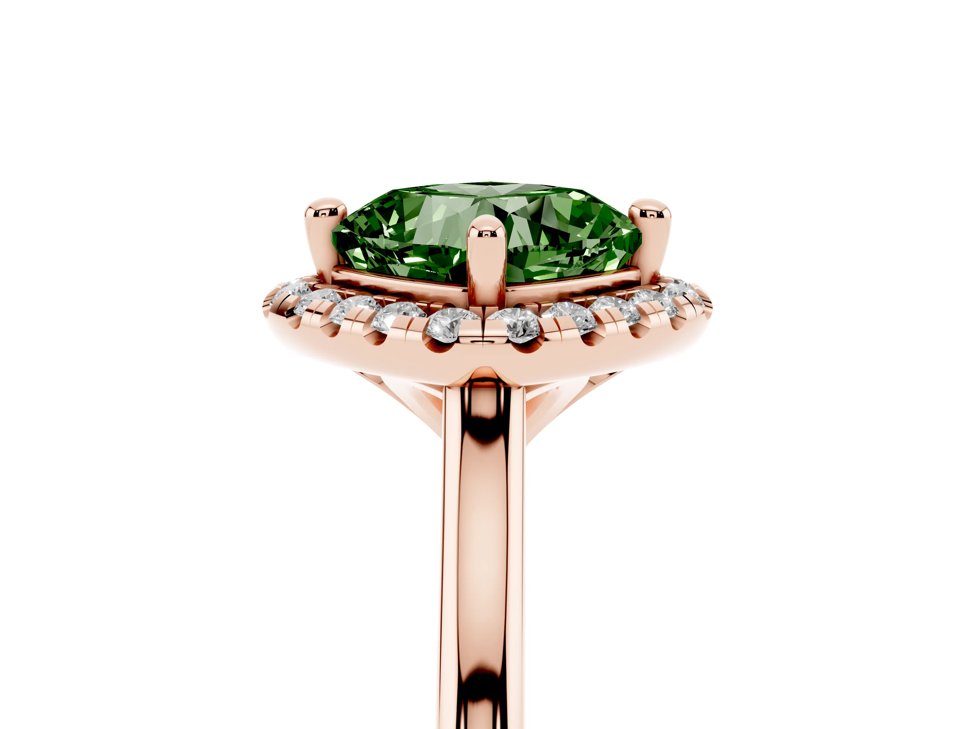 Fancy Green Cushion Cut Diamond Halo Engagement Ring Set in Rose gold with Pavé Band and Rising Shoulders