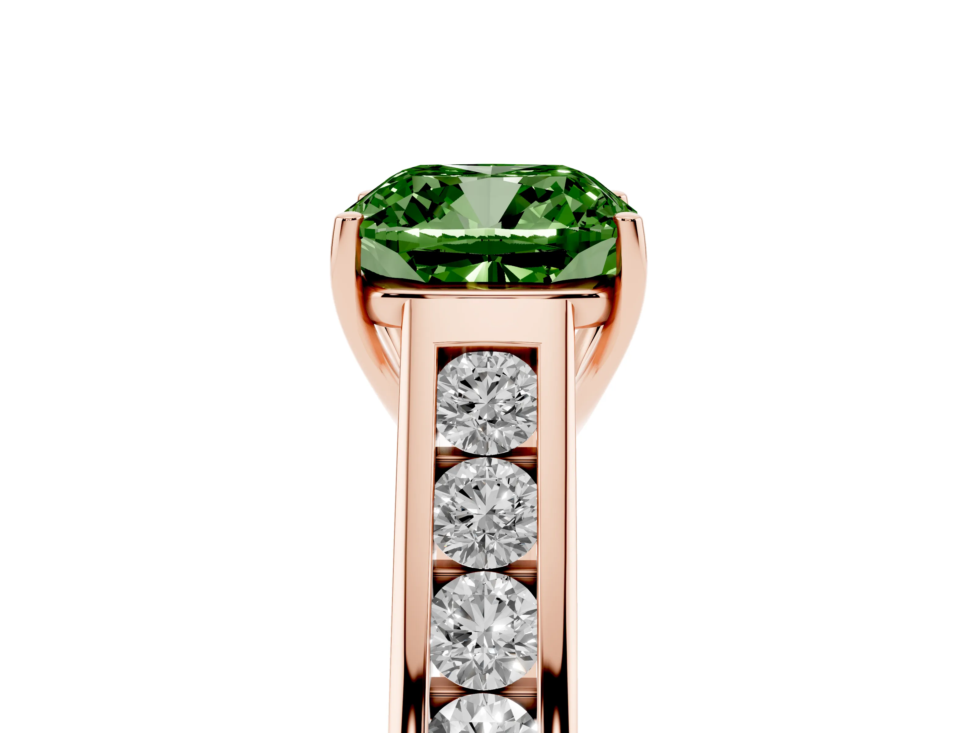 Fancy Green Cushion Cut Diamond Brilliant Channel-Set Solitaire Ring Set in Rose gold with Prong Setting