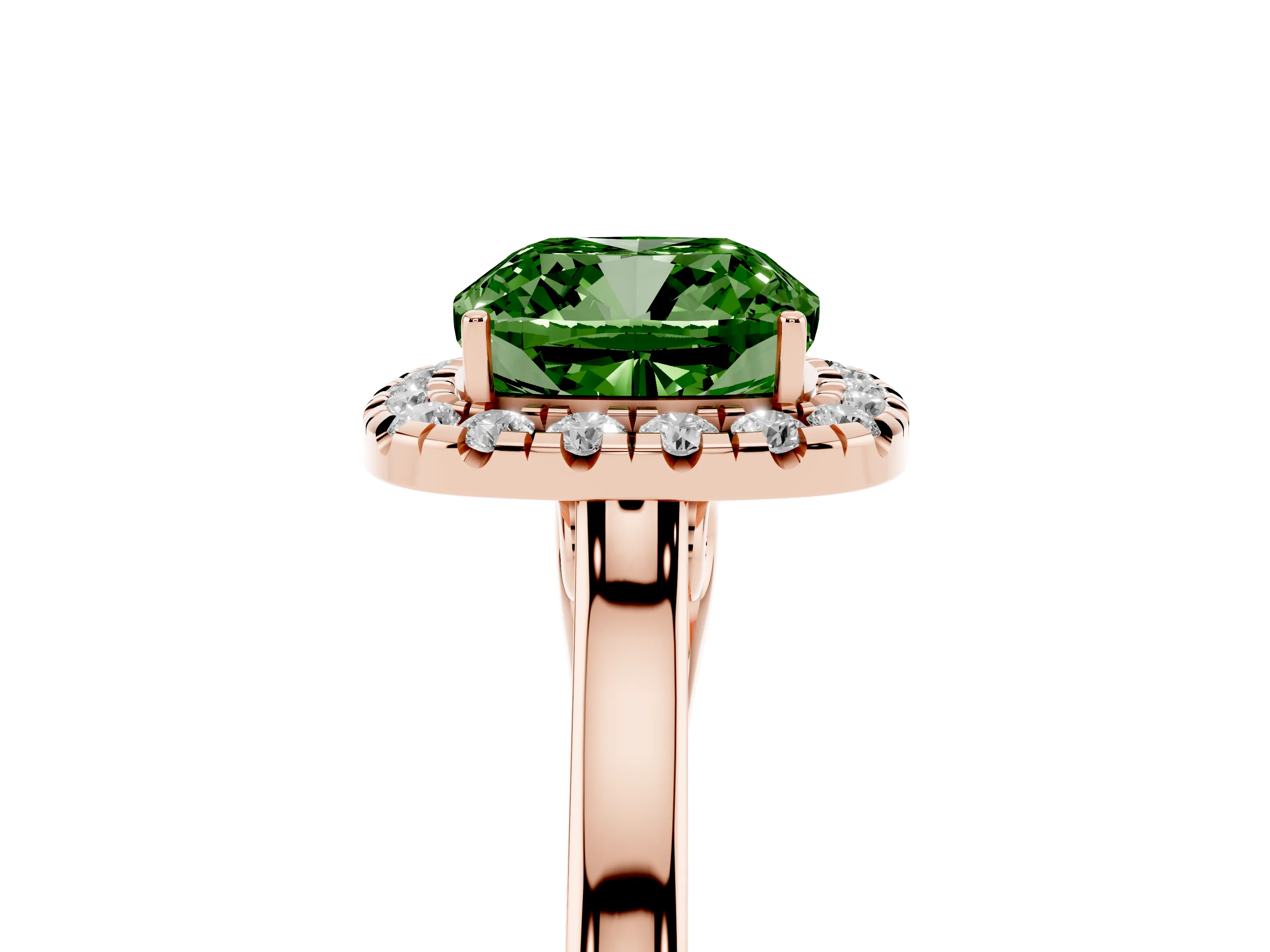 Fancy Green Cushion Cut Halo Round Diamond Solitaire Ring Set in Rose gold with Pavé Band and Prong Setting