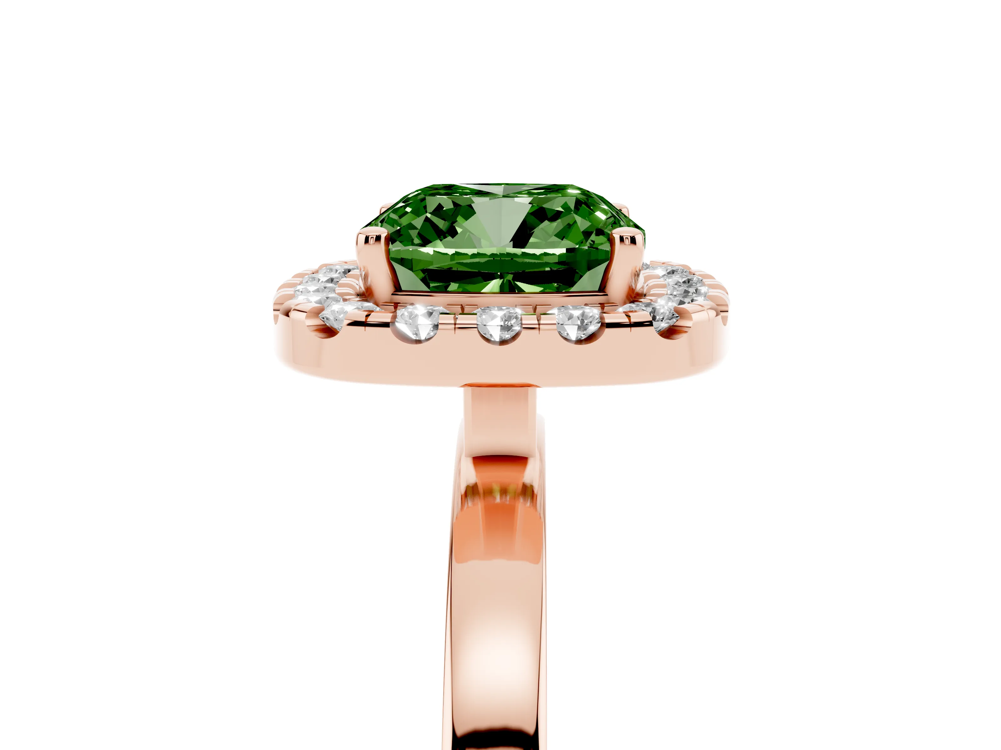 Fancy Green Cushion Cut Diamond Halo Solitaire Ring Set in Rose gold with Pavé Band and Prong Setting