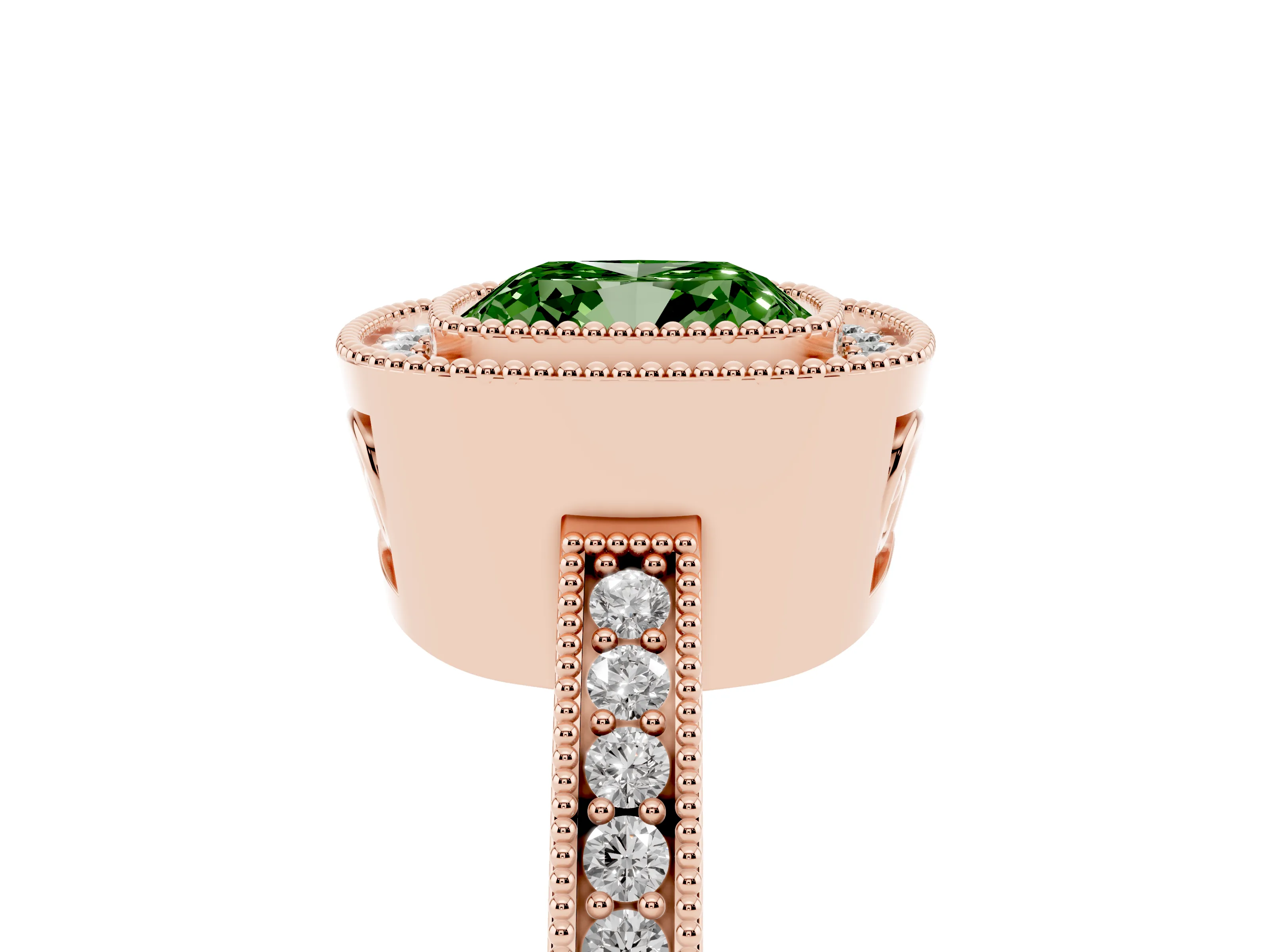 Fancy Green Cushion Cut Diamond Round Halo Ring Set in Rose gold with Pavé Band