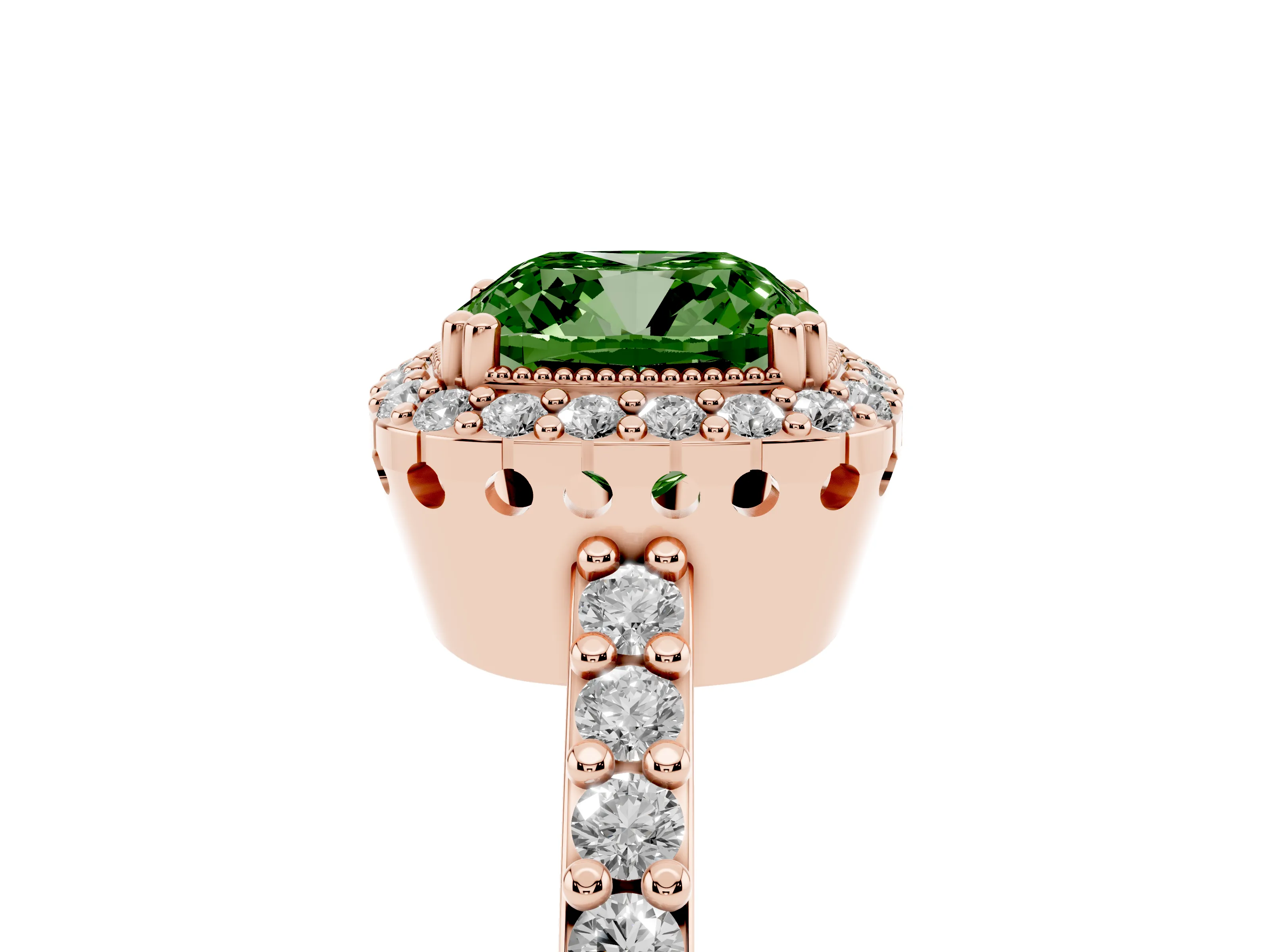 Fancy Green Cushion Cut Diamond Halo Engagement Ring Set in Rose gold with Milgrain Detail and Pavé Band