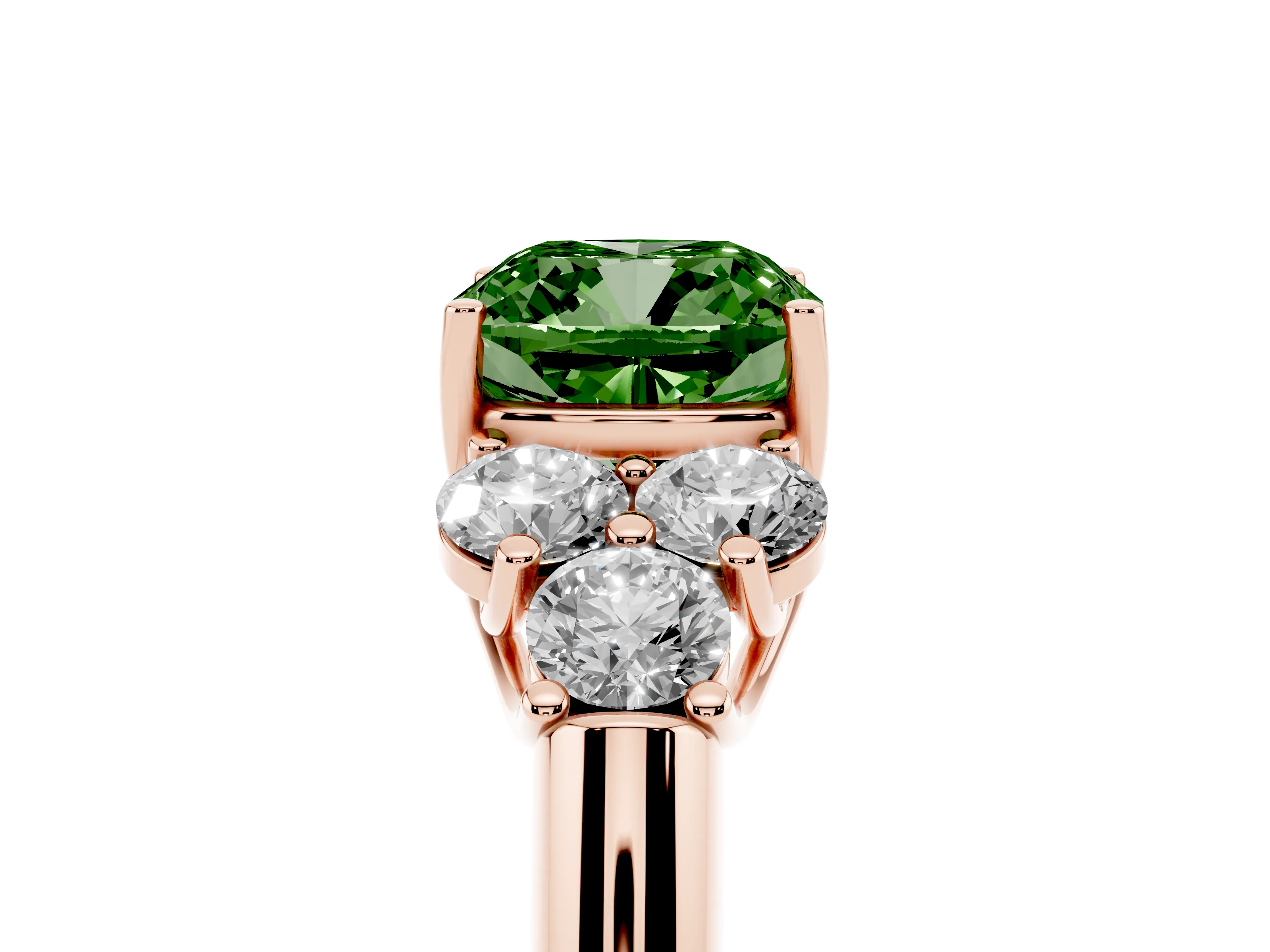Fancy Green Cushion Cut Diamond Cluster Ring Set in Rose gold with Round Accent Stones and Prong Setting on a Plain Band