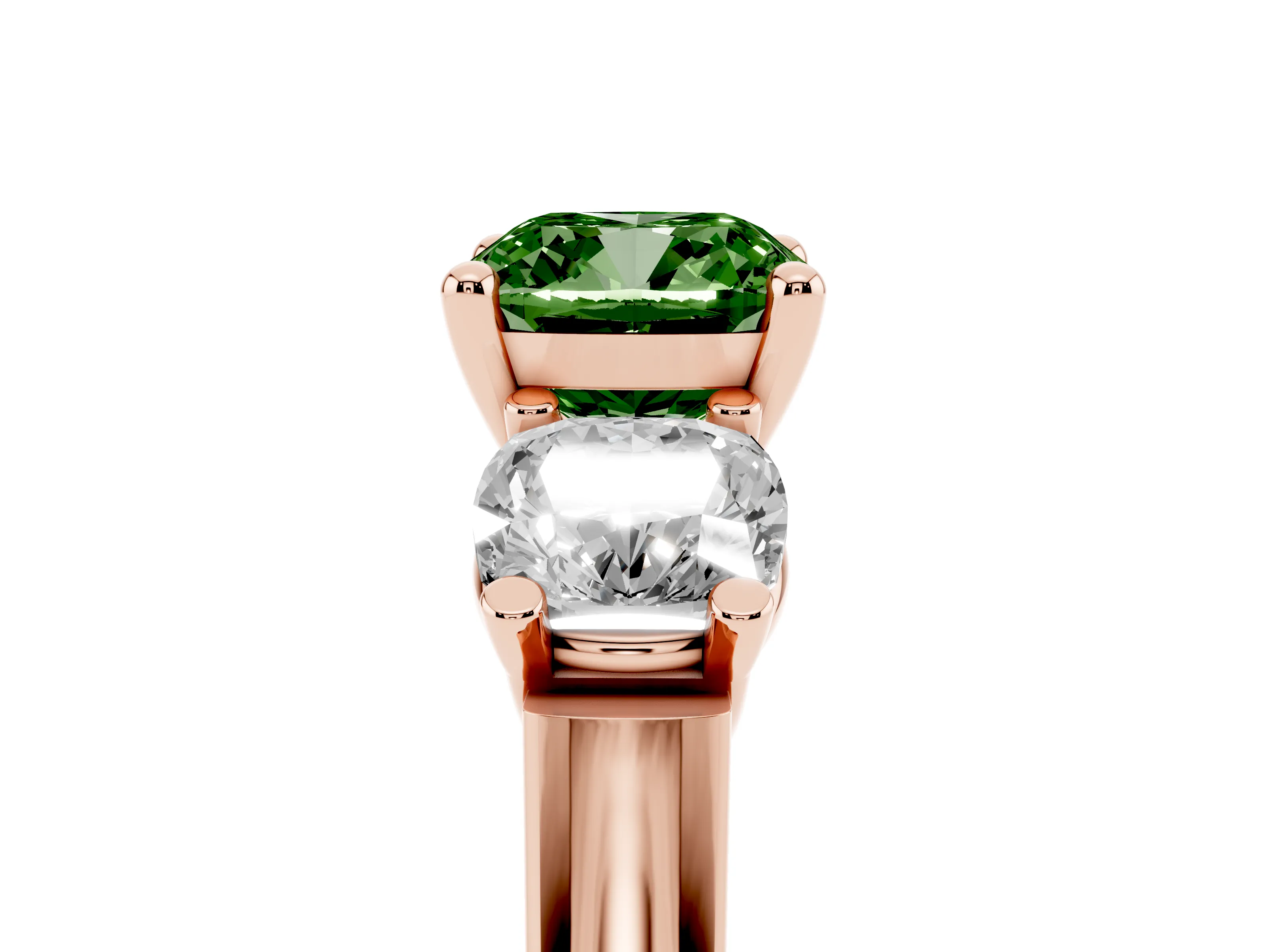Fancy Green Cushion Cut Diamond Three-Stone Trellis Ring Set in Rose gold with Comfort Fit Band