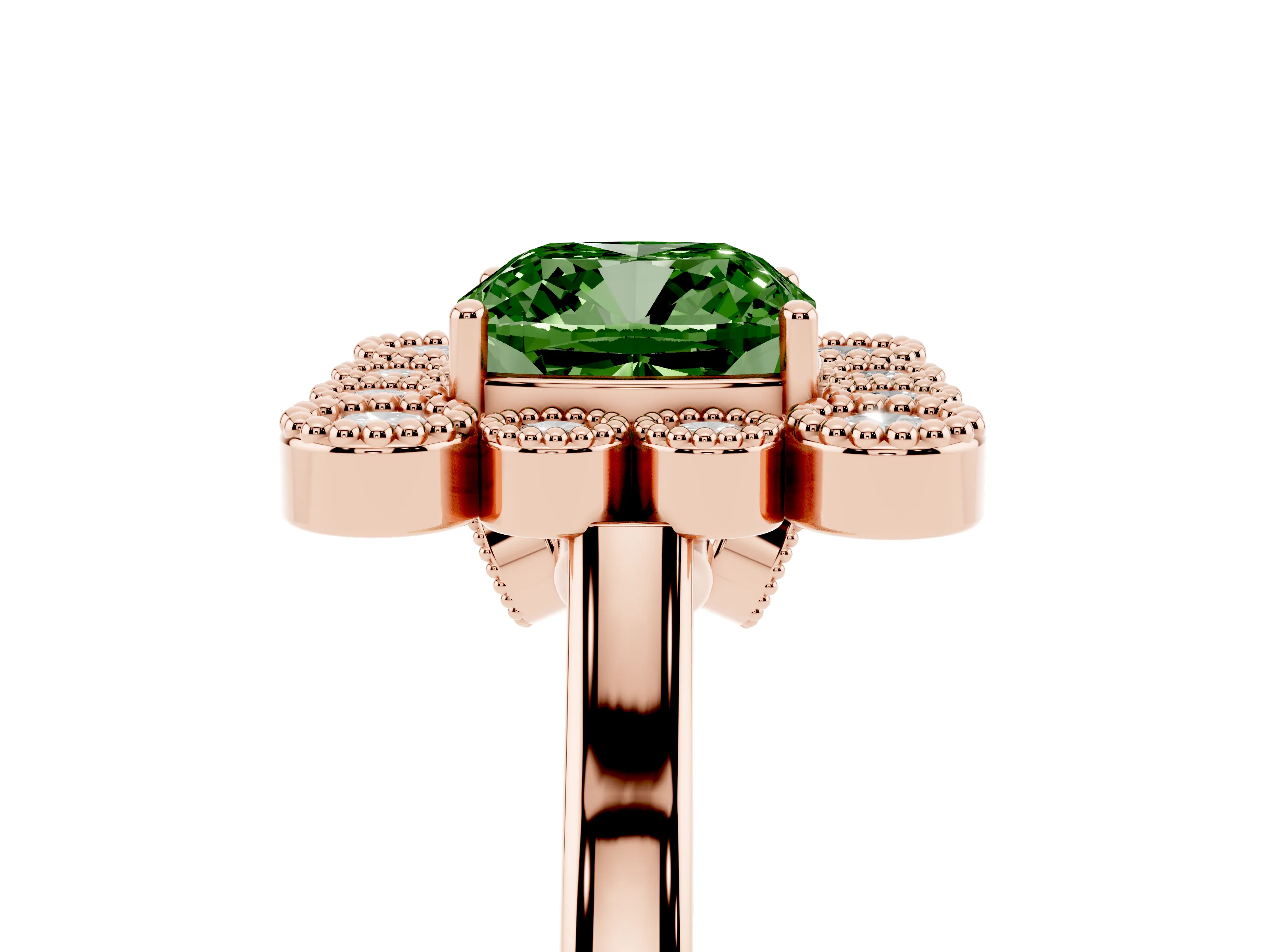 Fancy Green Cushion Cut Diamond Cluster Halo Ring Set in Rose gold with Milgrain Bezel Accents and Plain Band