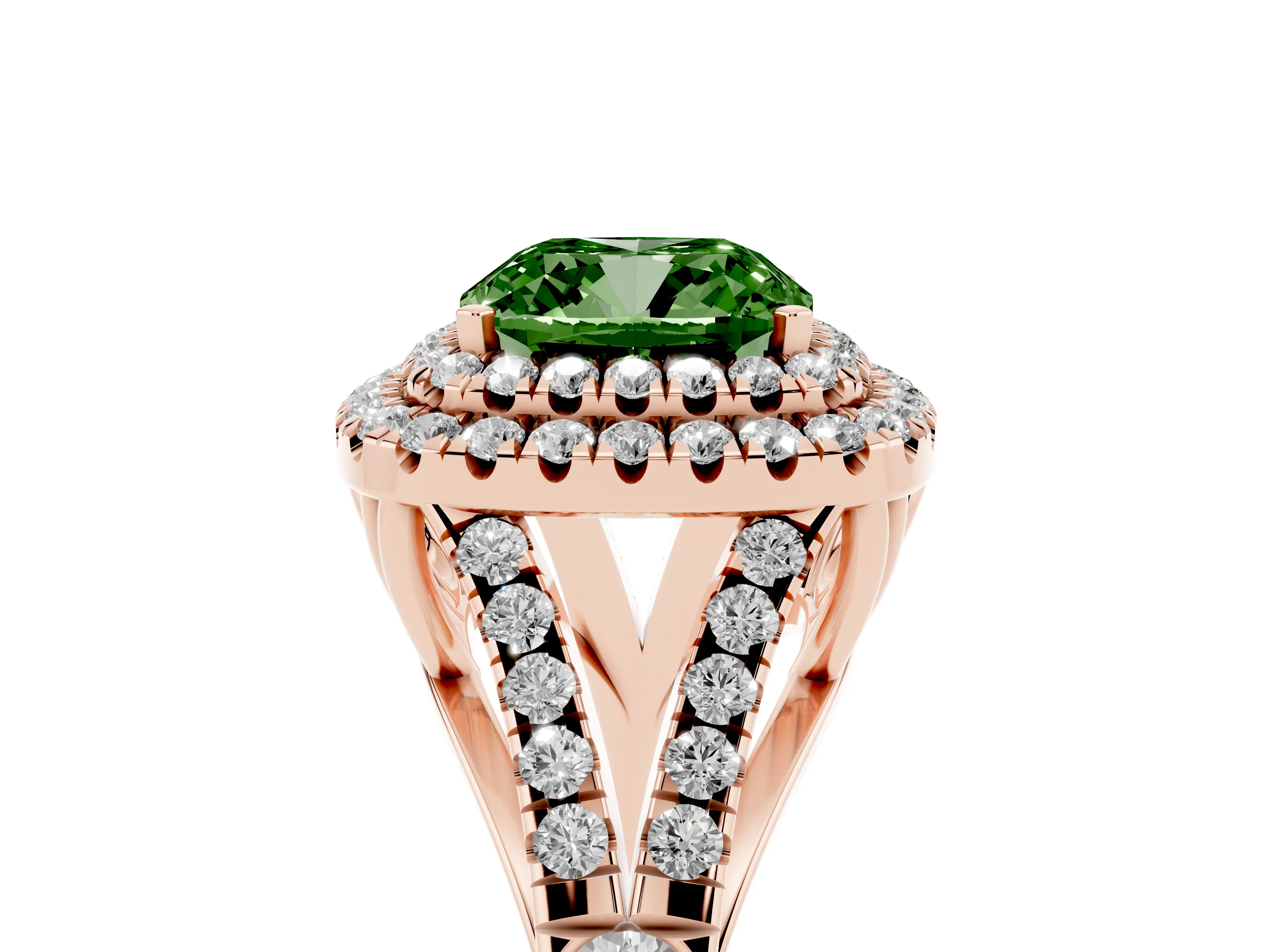 Fancy Green Cushion Cut Diamond Pavé Split Shank Double Halo Engagement Ring Set in Rose gold