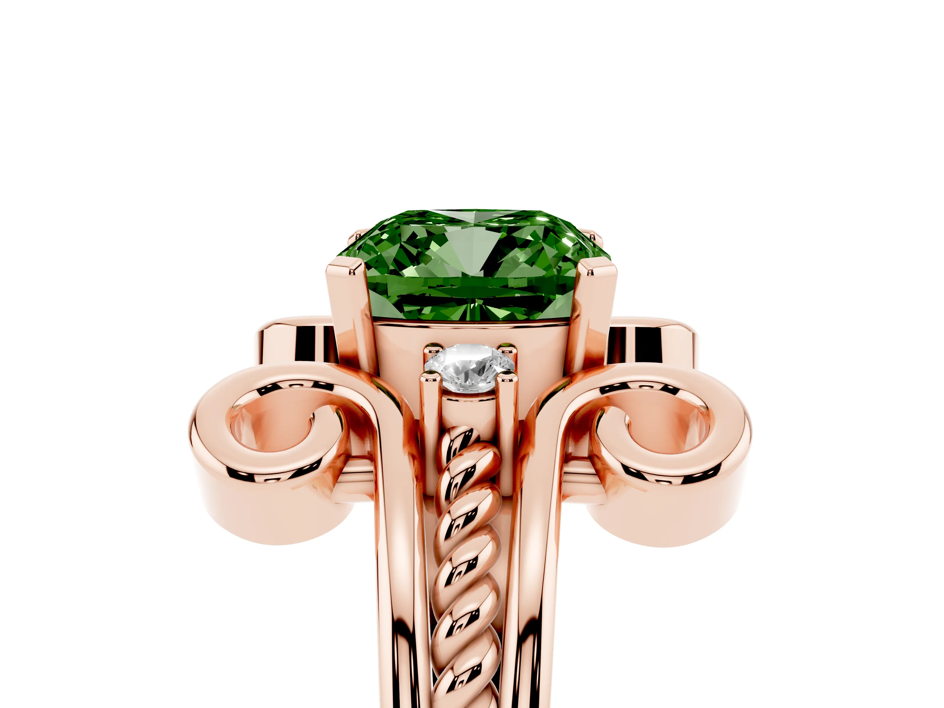 Fancy Green Cushion Cut Diamond Twisted Band Solitaire Ring Set in Rose gold with Scroll Prongs