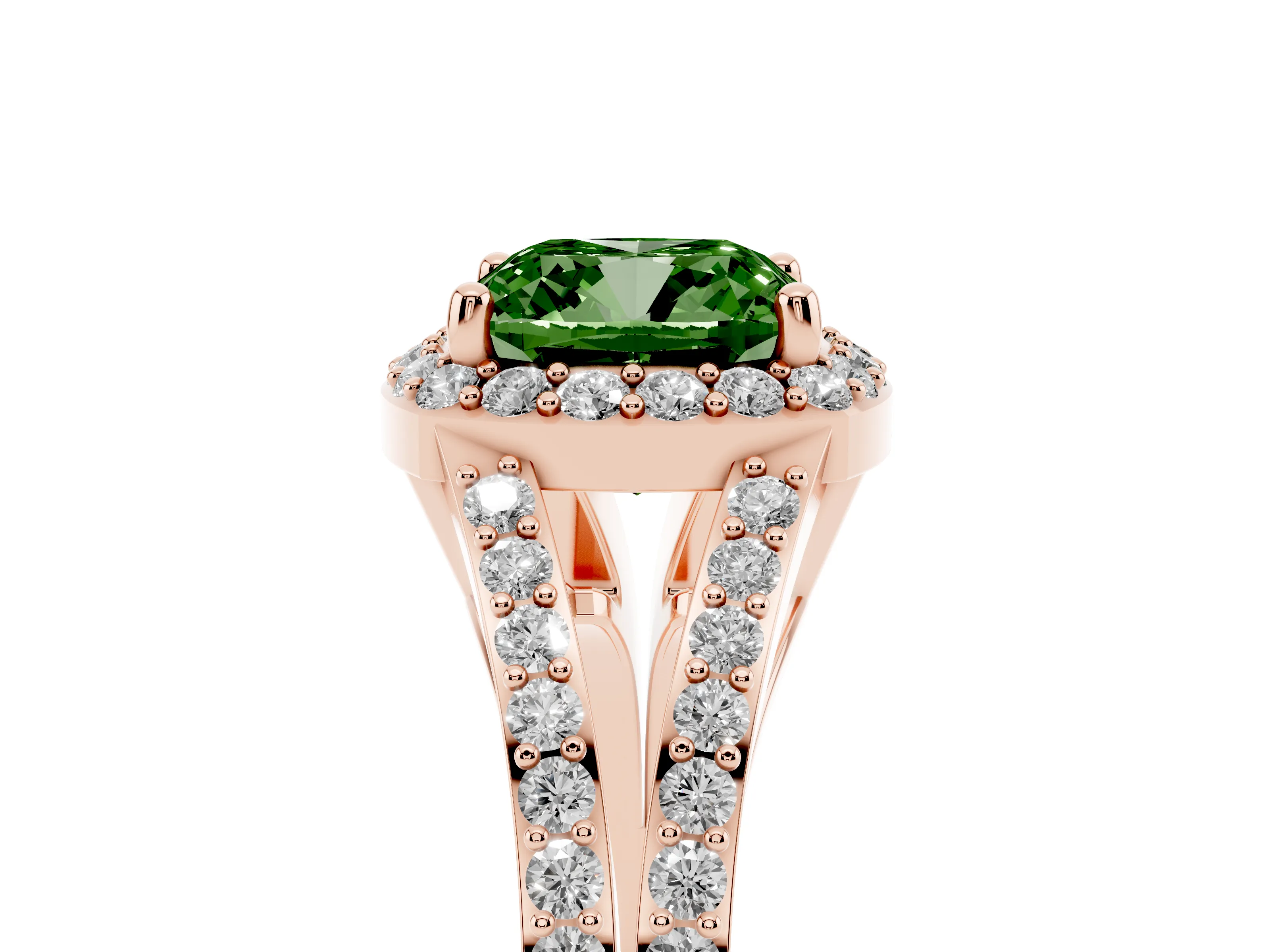 Fancy Green Cushion Cut Diamond Halo Split Shank Ring Set in Rose gold with Accent Stones and Prong Setting