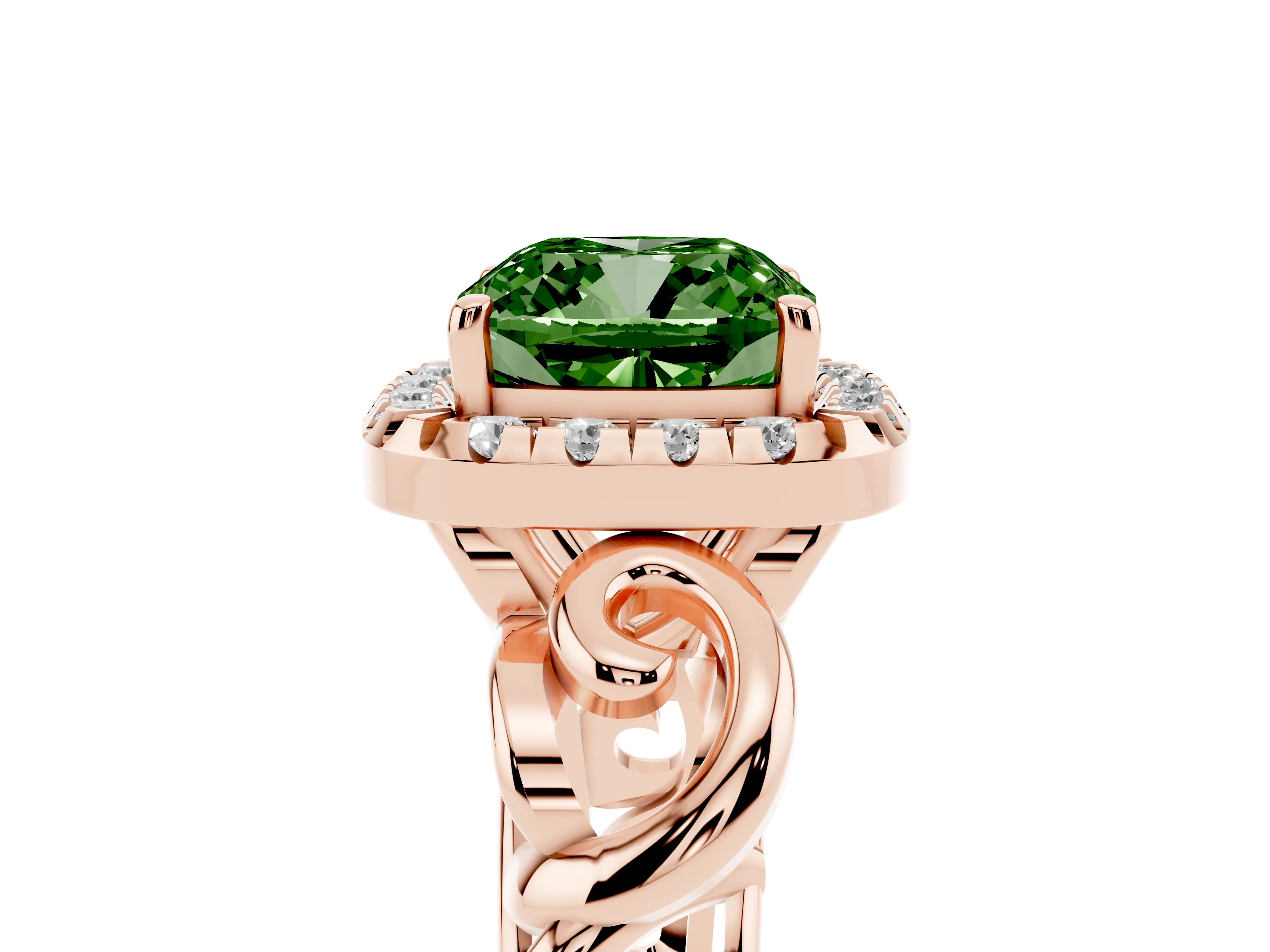 Fancy Green Cushion Cut Diamond Halo Ring Set in Rose gold with Scrollwork Band and Prong Setting