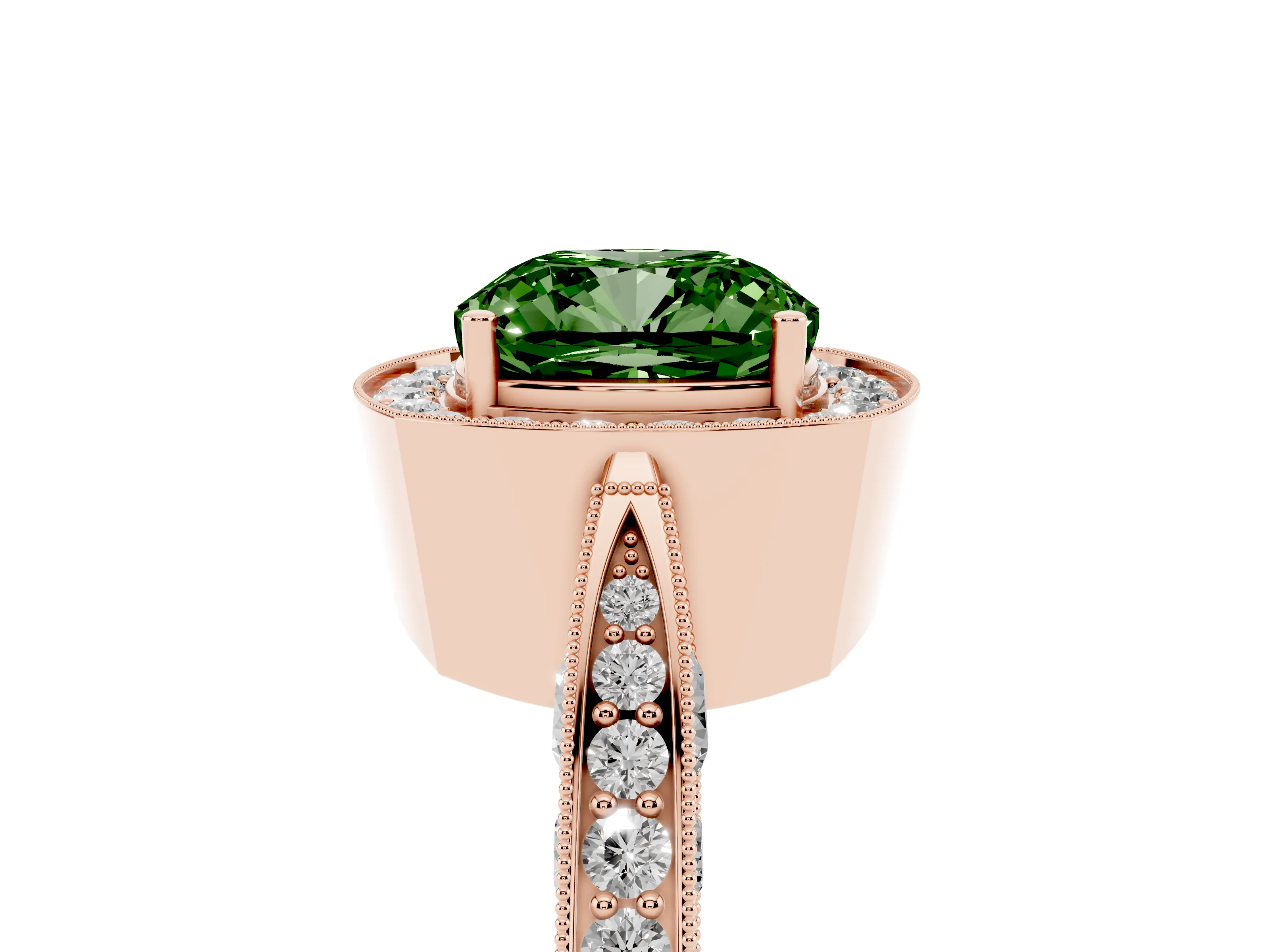 Fancy Green Cushion Cut Diamond Halo Engagement Ring Set in Rose gold with Accent Split Shank Band