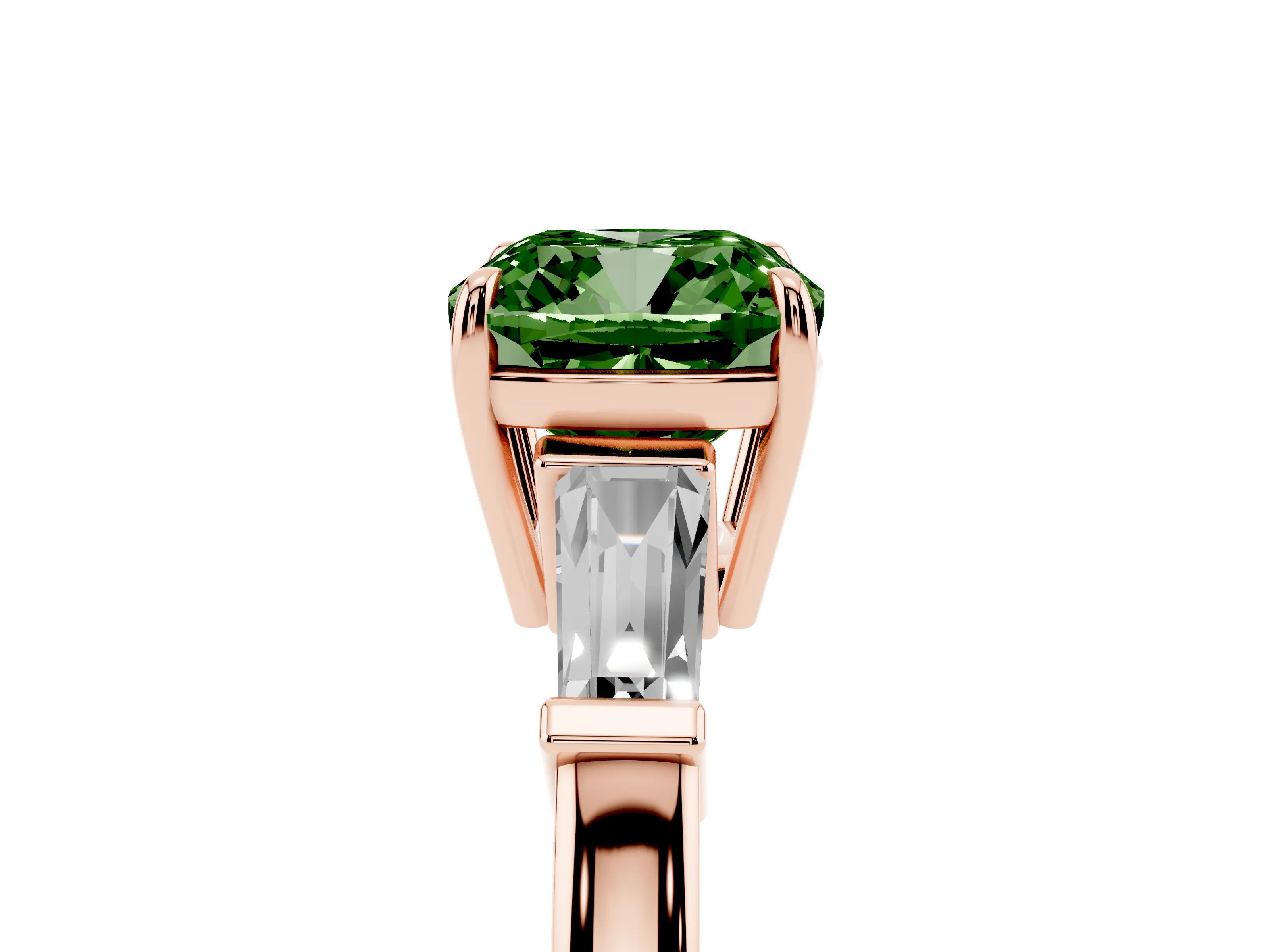 Fancy Green Cushion Cut Diamond Three-Stone Ring Set in Rose gold with Tapered Baguette Side Stones and Prong Setting