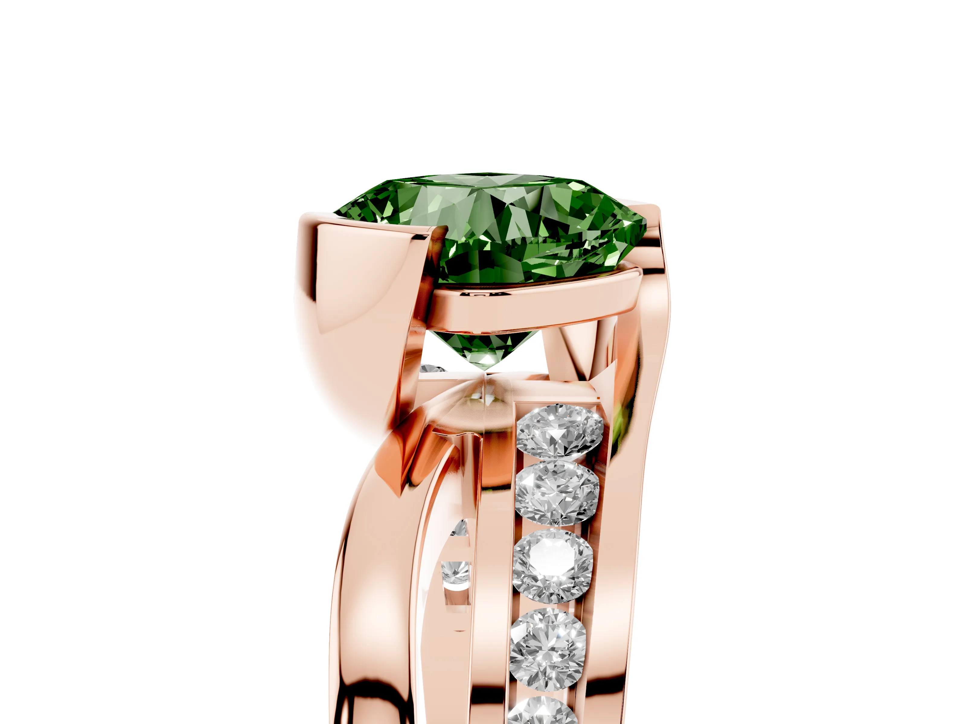 Fancy Green Cushion Cut Diamond Solitaire Ring Set in Rose gold with Channel Set Split Shank and Tension Prongs