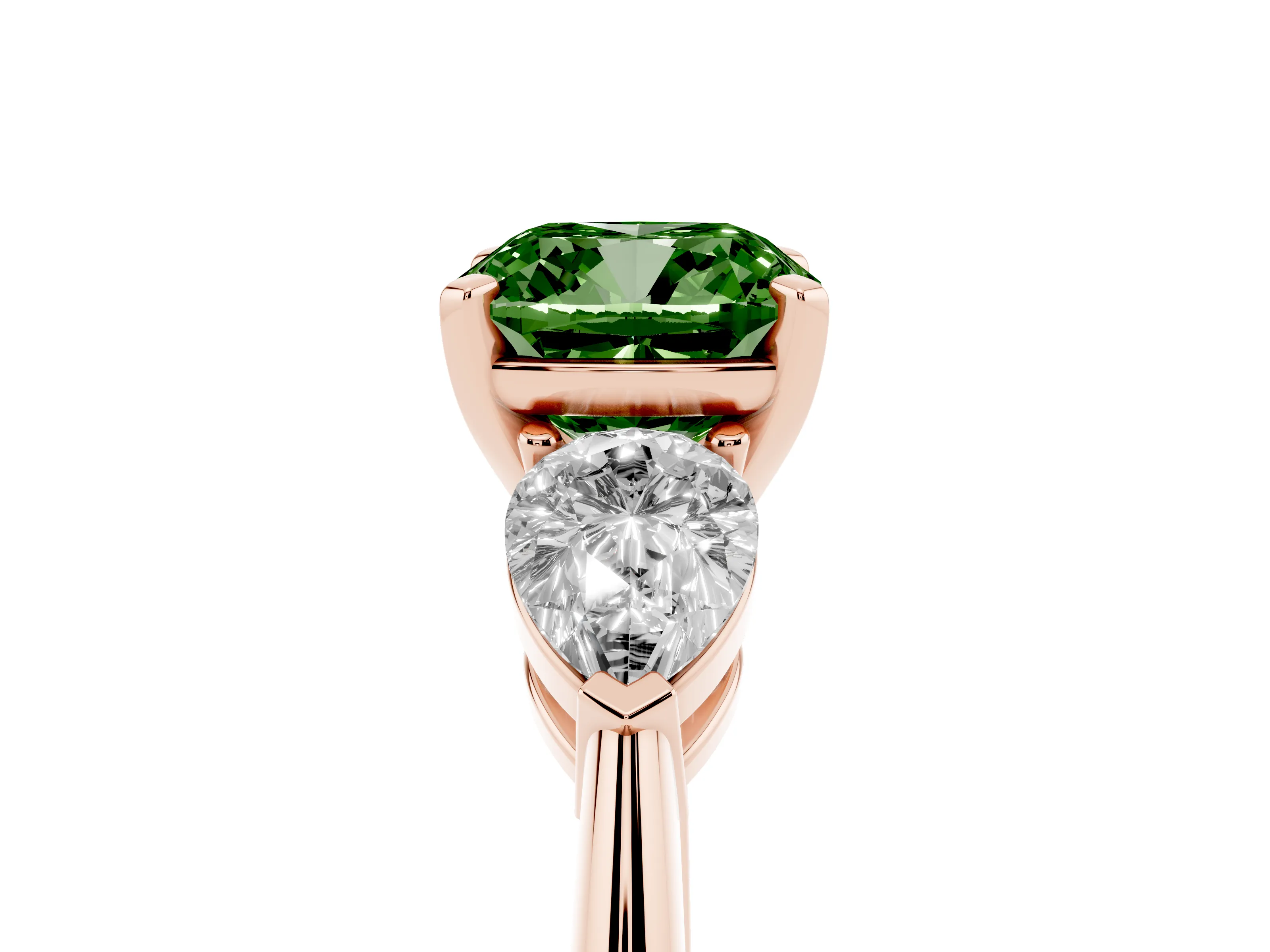 Fancy Green Three-Stone Cushion Cut Diamond Ring Set in Rose gold with Pear Side Stones and Prong Setting