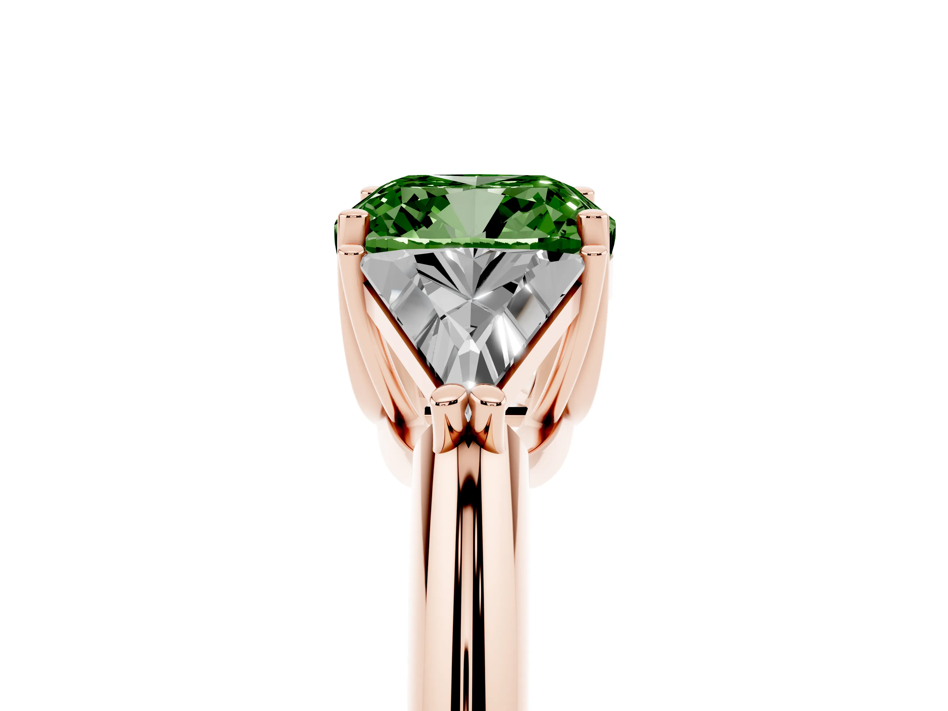 Fancy Green Cushion Cut Diamond Three-Stone Engagement Ring Set in Rose gold with Trillion Side Stones