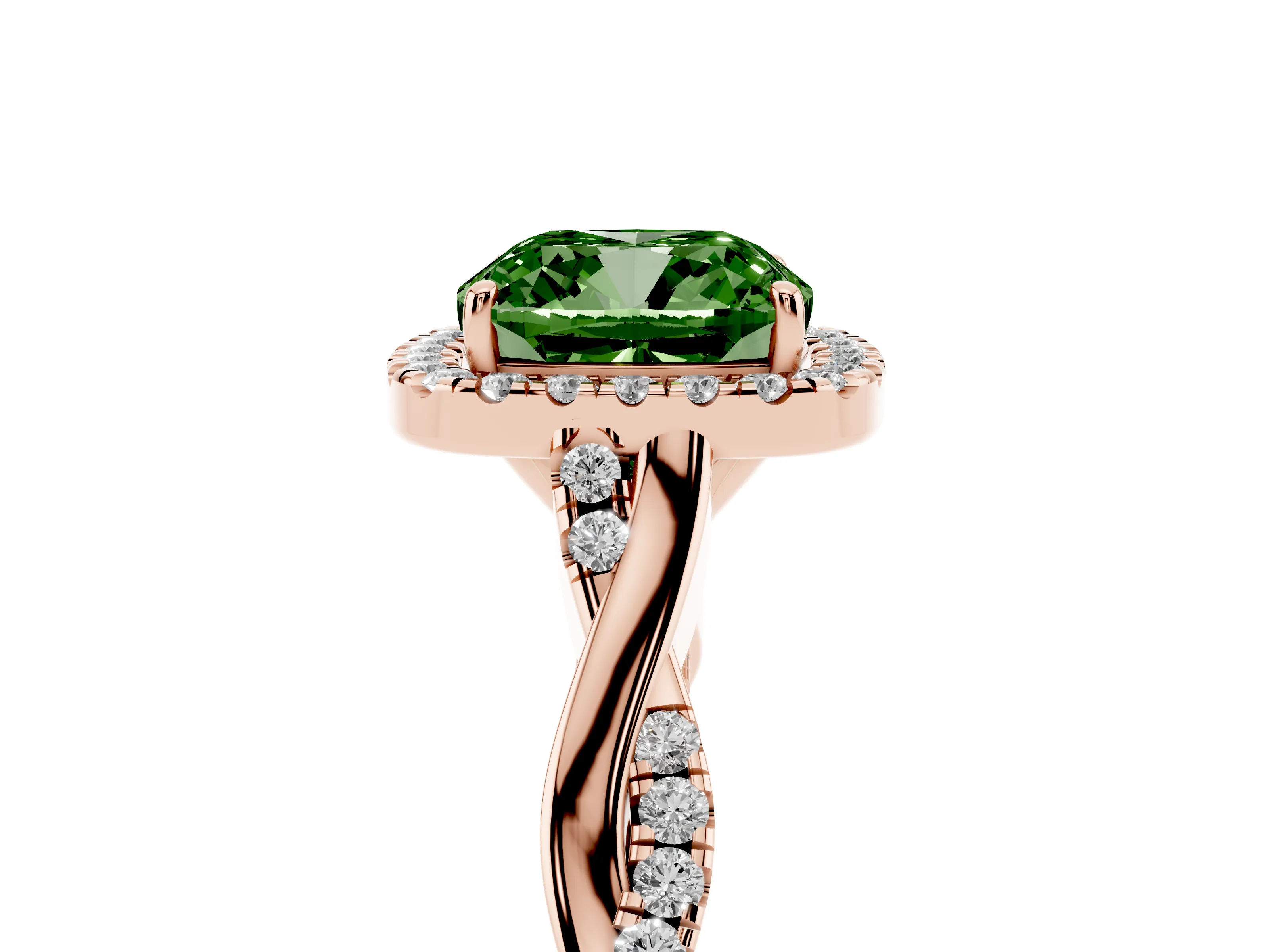 Fancy Green Cushion Cut Diamond Halo Twist Band Solitaire Ring Set in Rose gold with Prong Setting