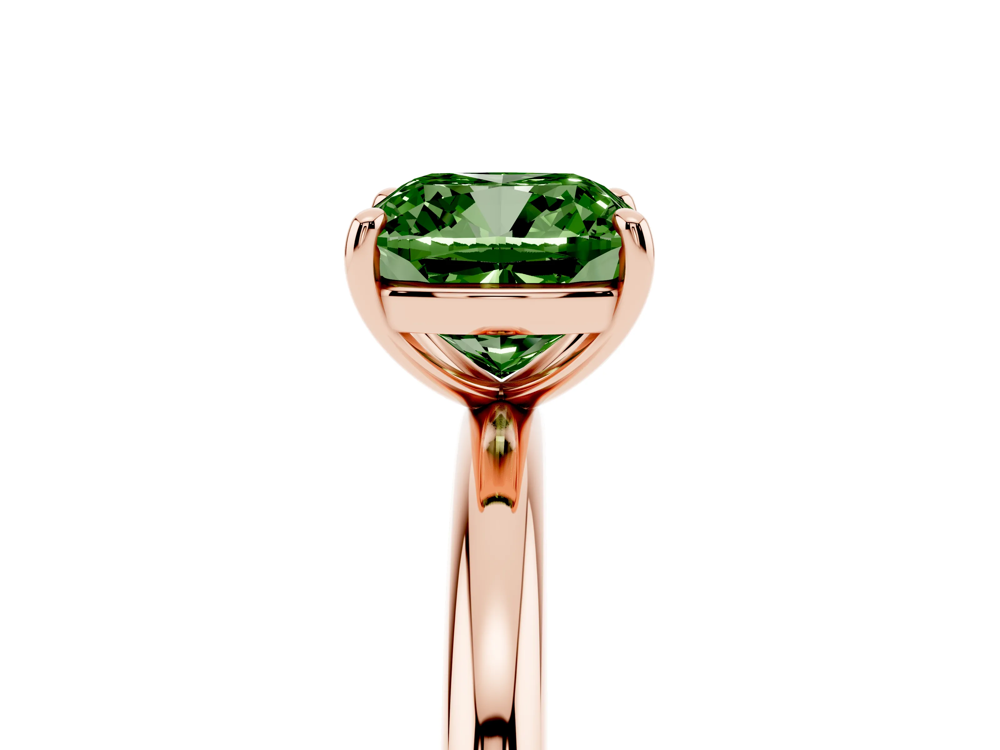 Fancy Green Cushion Cut Diamond Solitaire Ring Set in Rose gold with Prong Setting on a Polished Plain Band