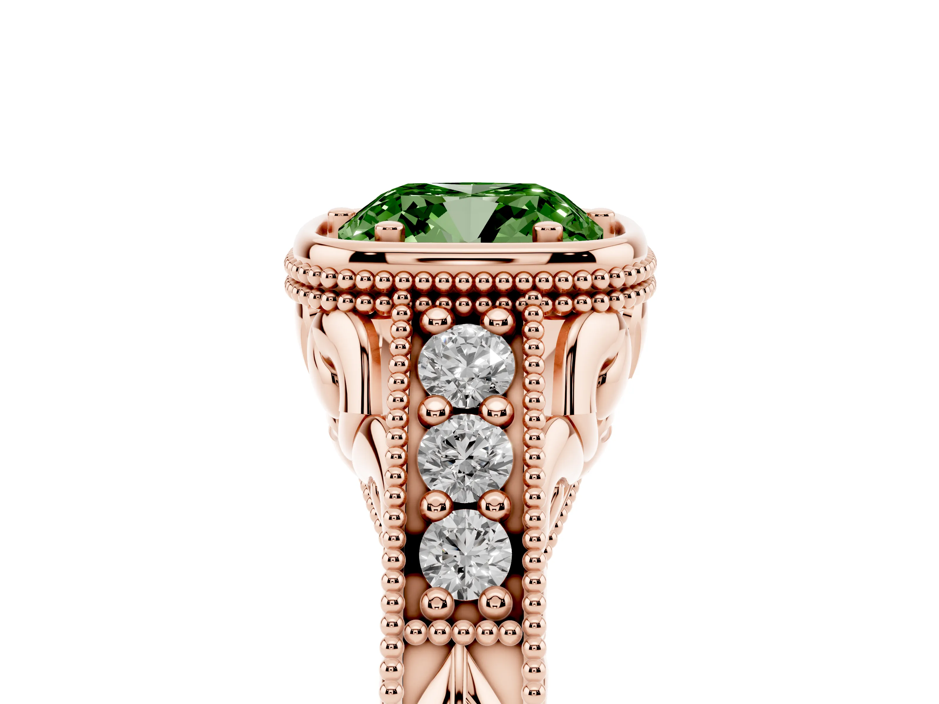 Fancy Green Bezel Set Cushion Cut Diamond Milgrain Pavé Engagement Ring Set in Rose gold