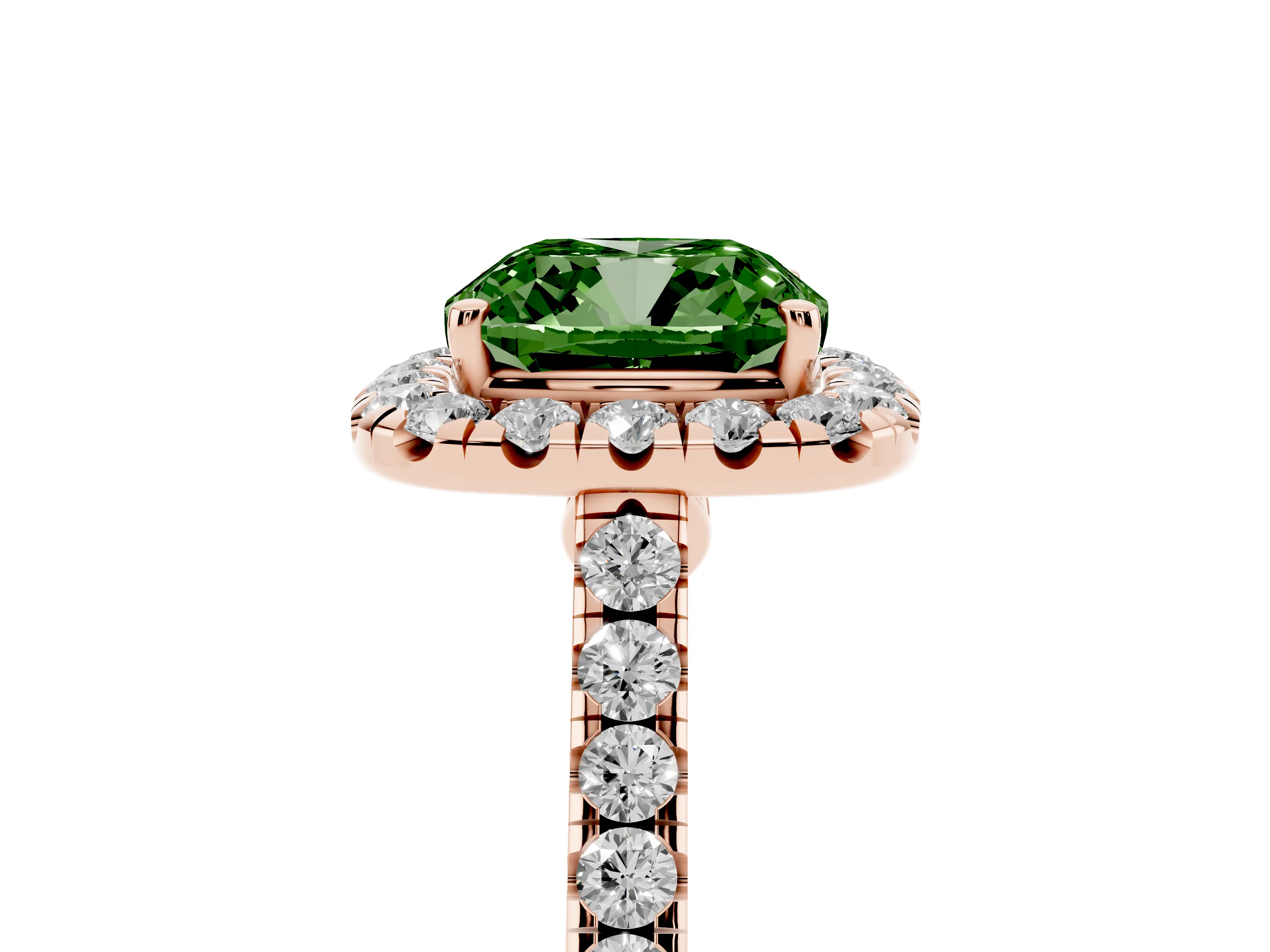 Fancy Green Cushion Cut Diamond Halo Pavé Engagement Ring Set in Rose gold with Prong Setting