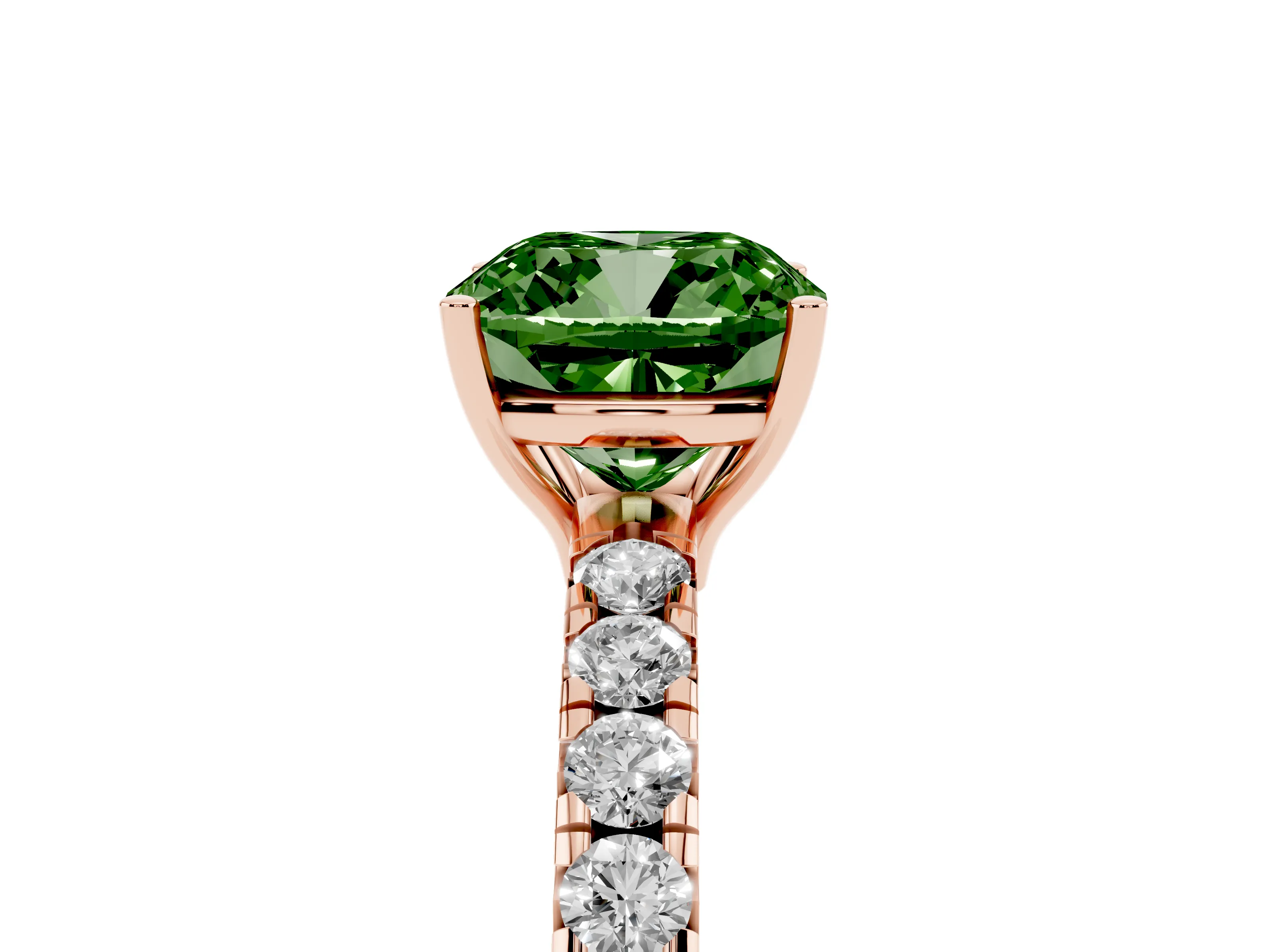 Fancy Green Cushion Cut Diamond Pavé Solitaire Engagement Ring Set in Rose gold with Prong Setting