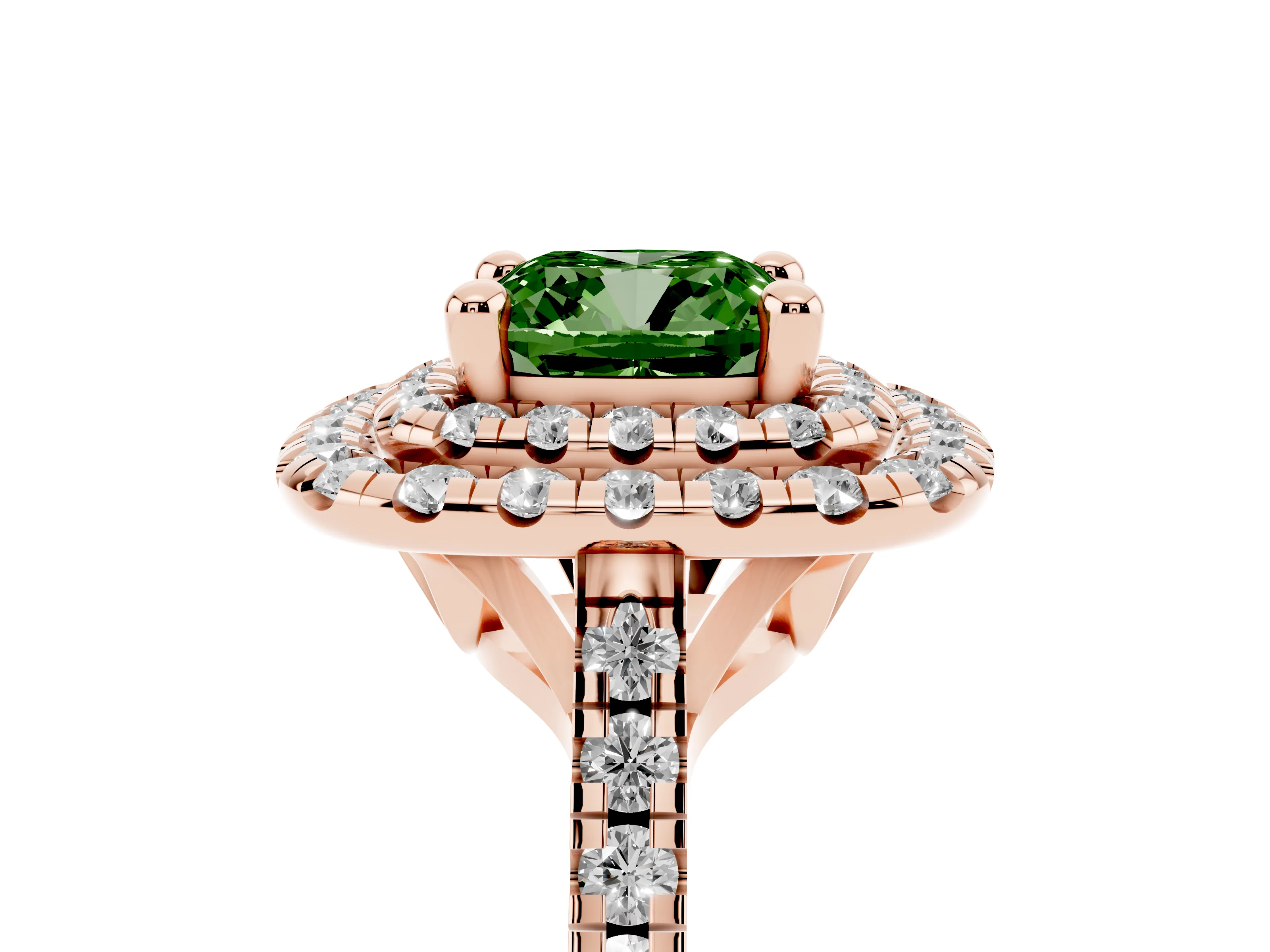 Fancy Green Cushion Cut Diamond Double Halo Statement Ring Set in Rose gold with Pavé Band