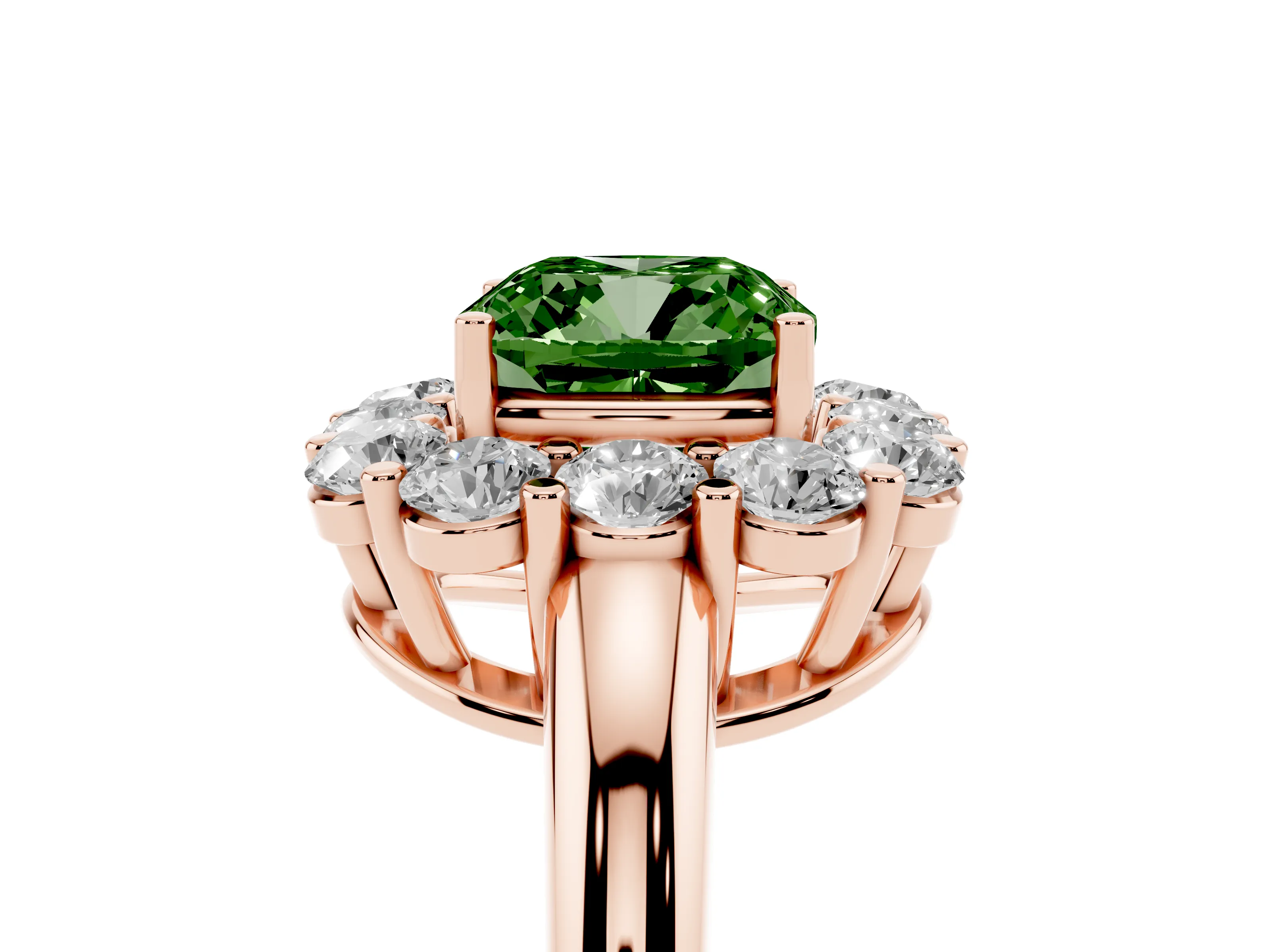 Fancy Green Cushion Cut Diamond Halo Cluster Engagement Ring Set in Rose gold with Polished Band and Prong Setting