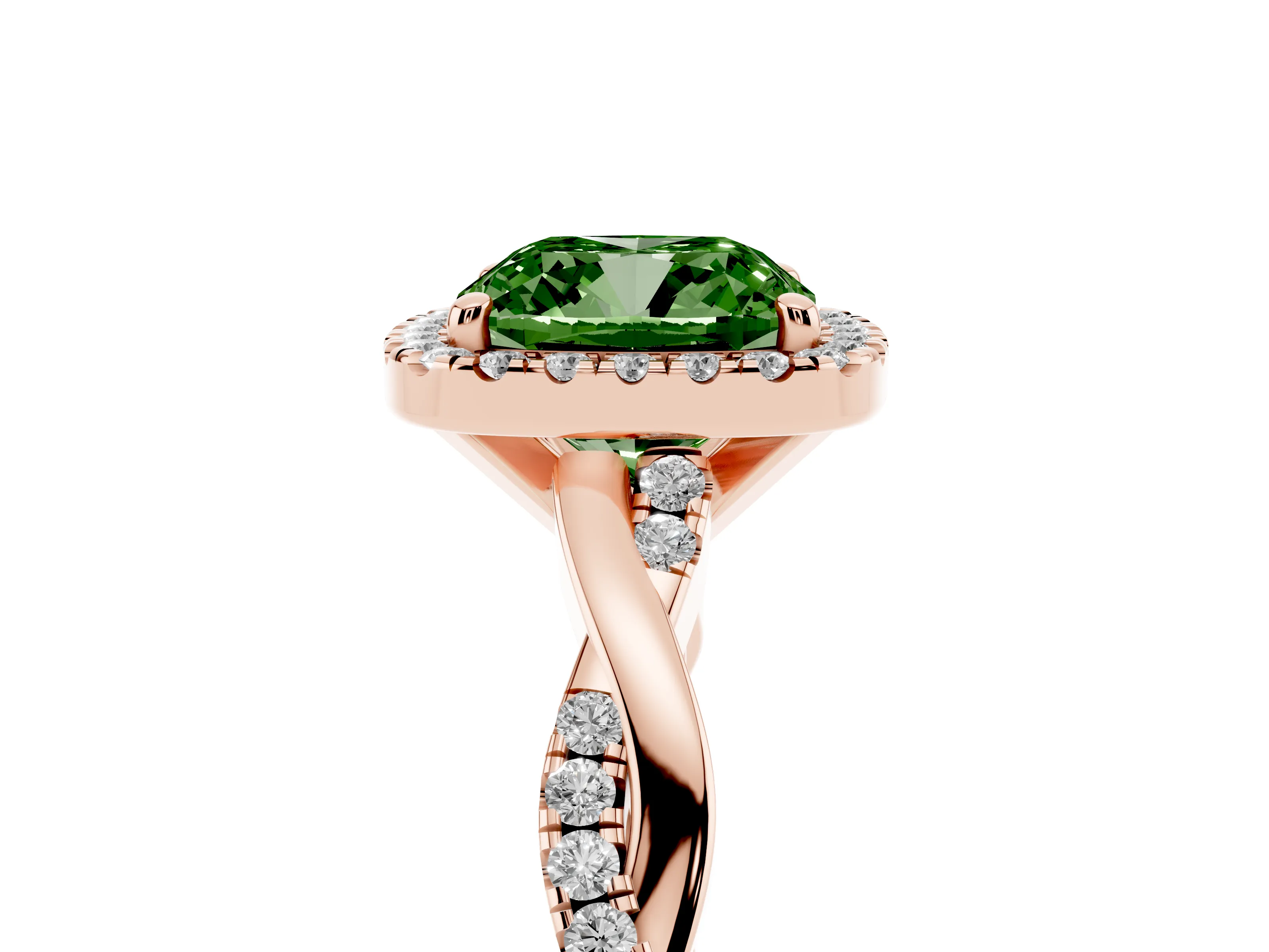 Fancy Green Cushion Cut Diamond Halo Twisted Band Ring Set in Rose gold with Prong Setting