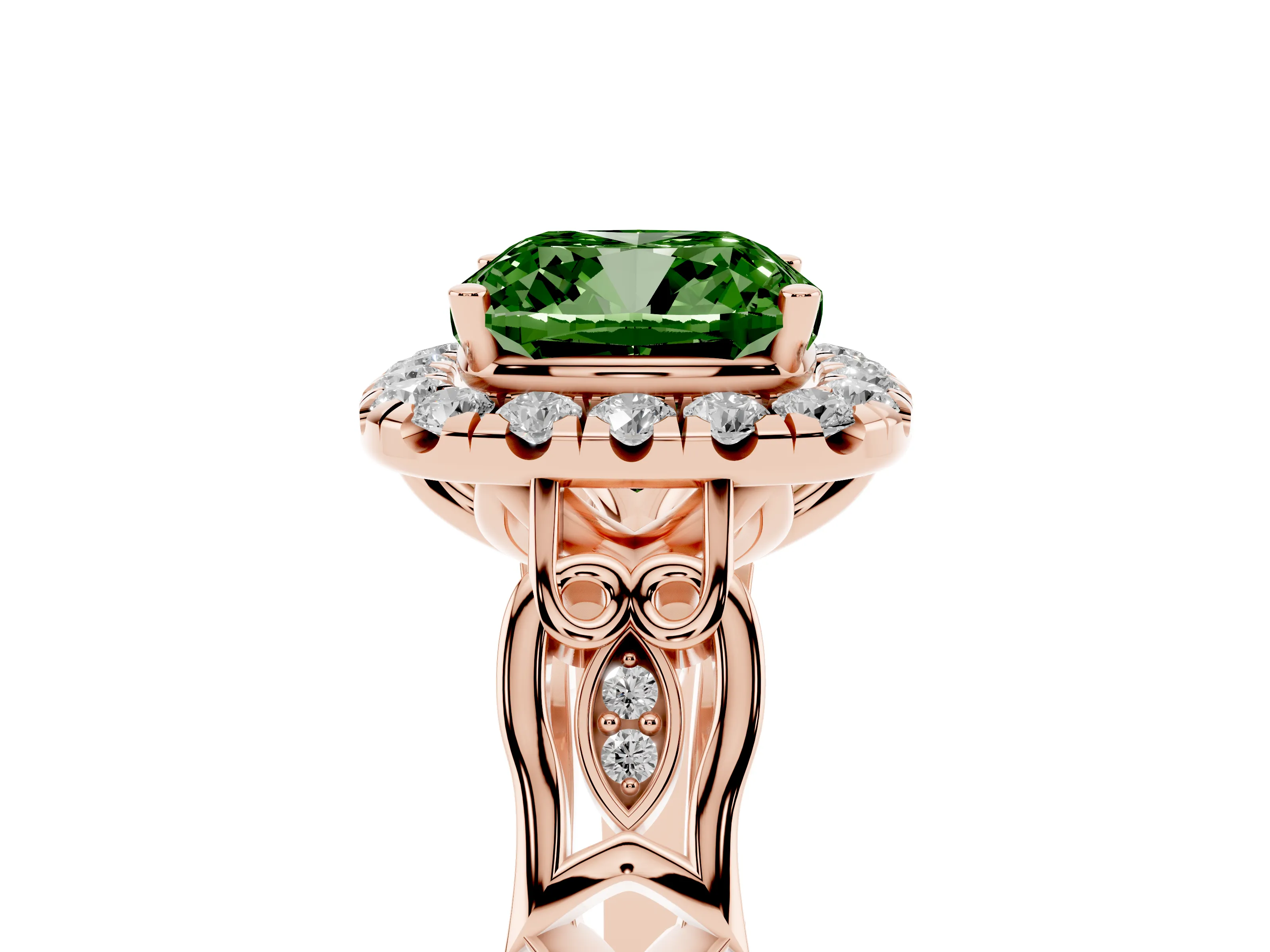 Fancy Green Cushion Cut Diamond Halo Engagement Ring Set in Rose gold with Filigree Band and Prong-Set Center