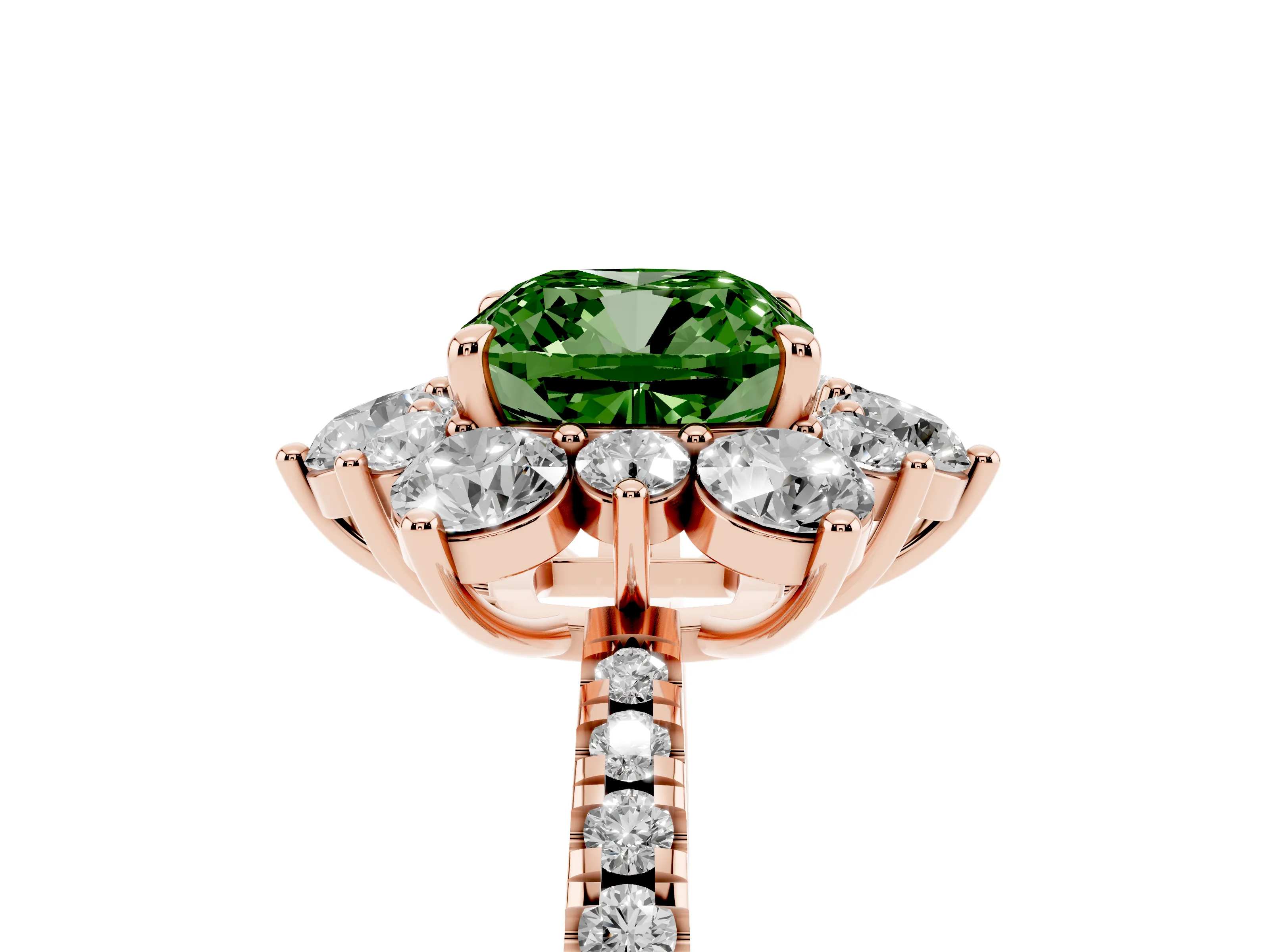 Fancy Green Cushion Cut Diamond Floral Halo Ring Set in Rose gold with Round Pavé Band and Prong Setting
