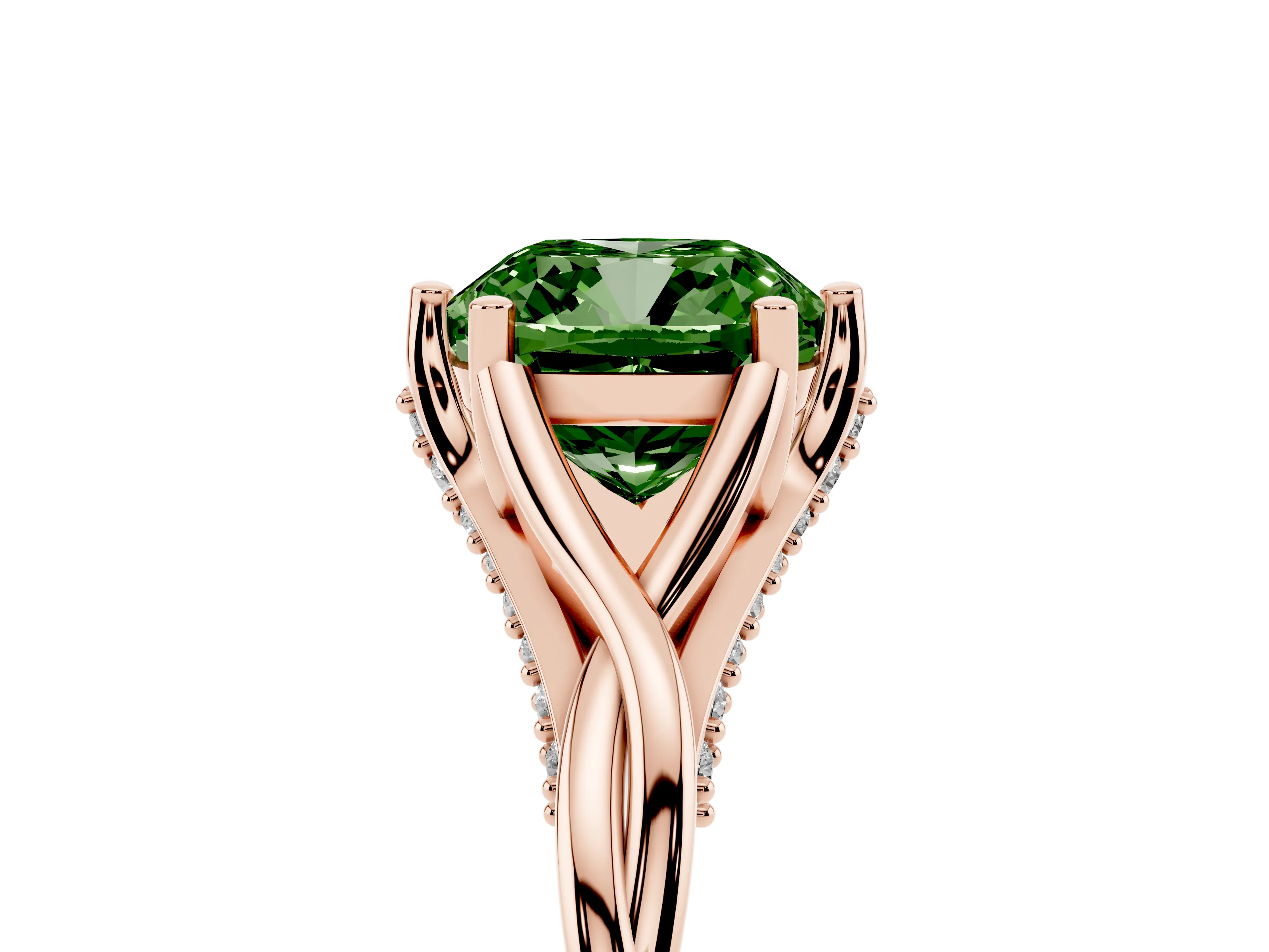 Fancy Green Cushion Cut Diamond Intertwined Twist Band Solitaire Ring Set in Rose gold with Prong Setting