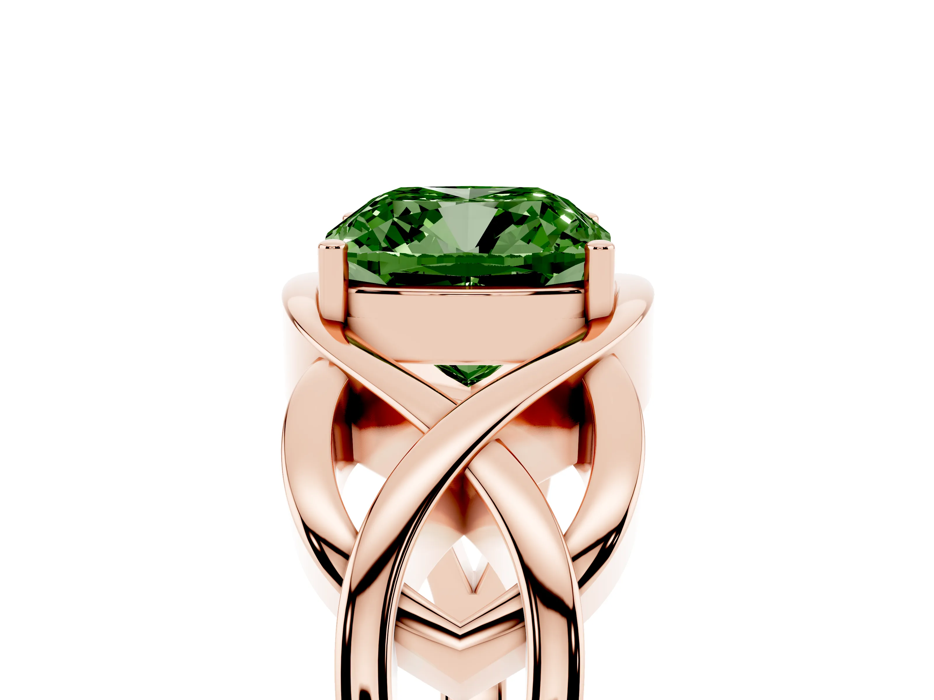 Fancy Green Cushion Cut Diamond Solitaire Ring Set in Rose gold with Intertwined Band