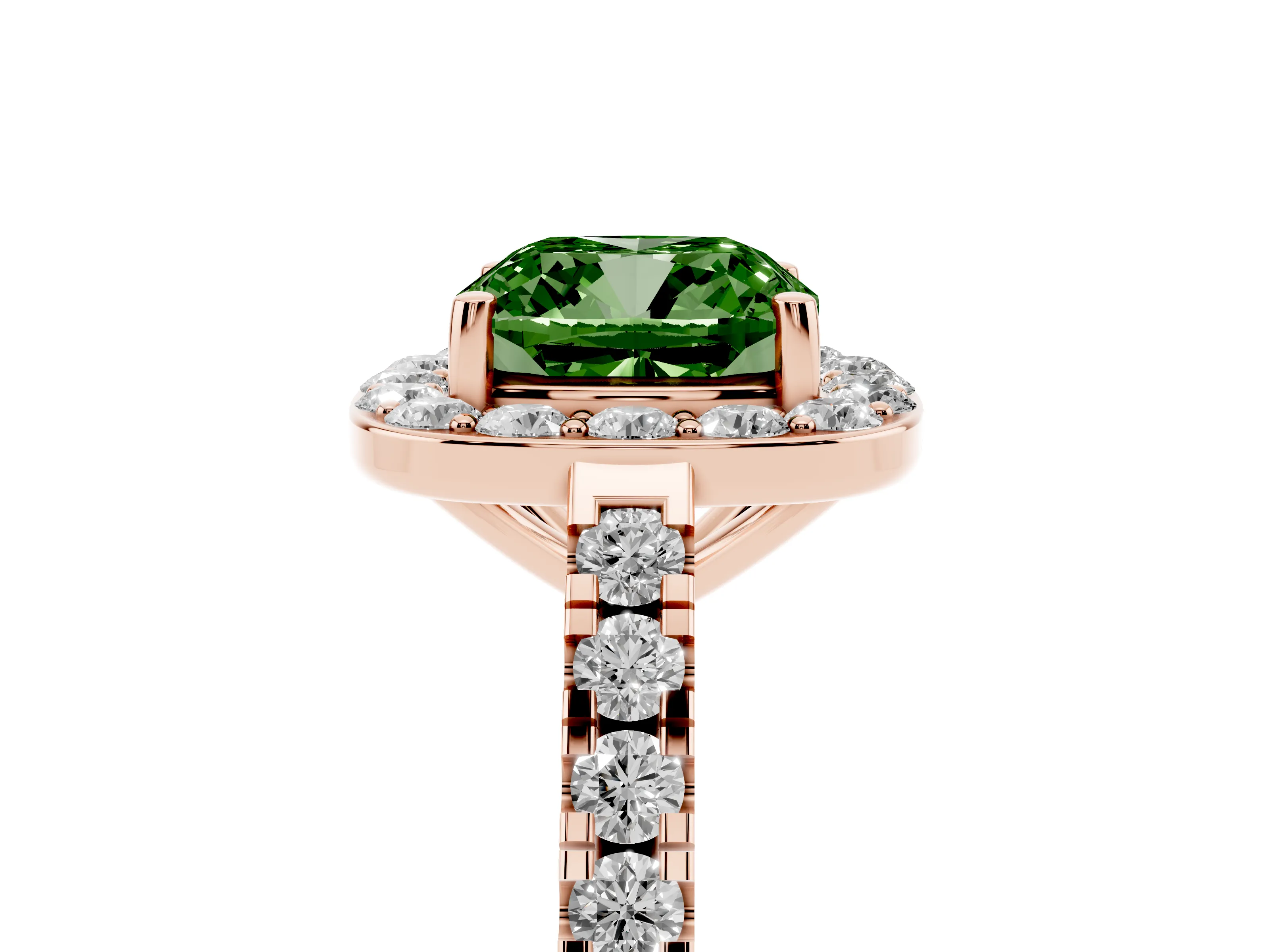 Fancy Green Cushion Cut Diamond Halo Ring Set in Rose gold with Round Pavé Split Shank and Prong Setting