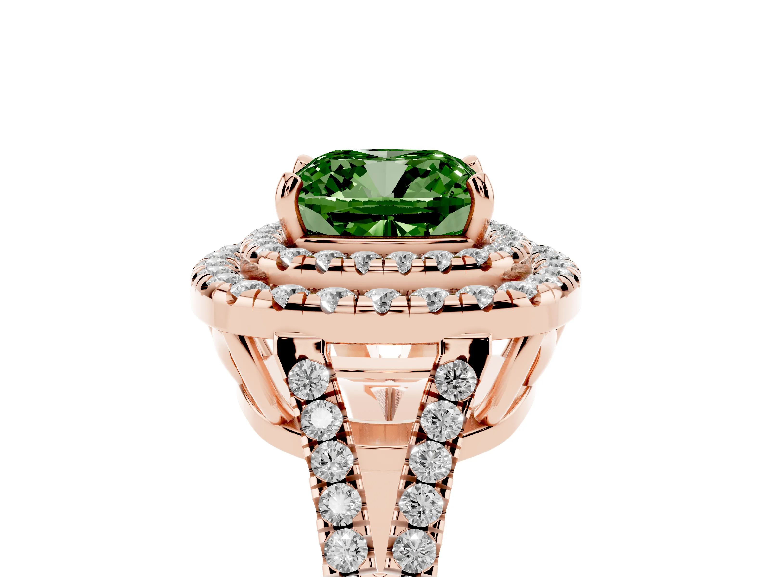 Fancy Green Cushion Cut Diamond Double Halo Ring Set in Rose gold with Pavé Band