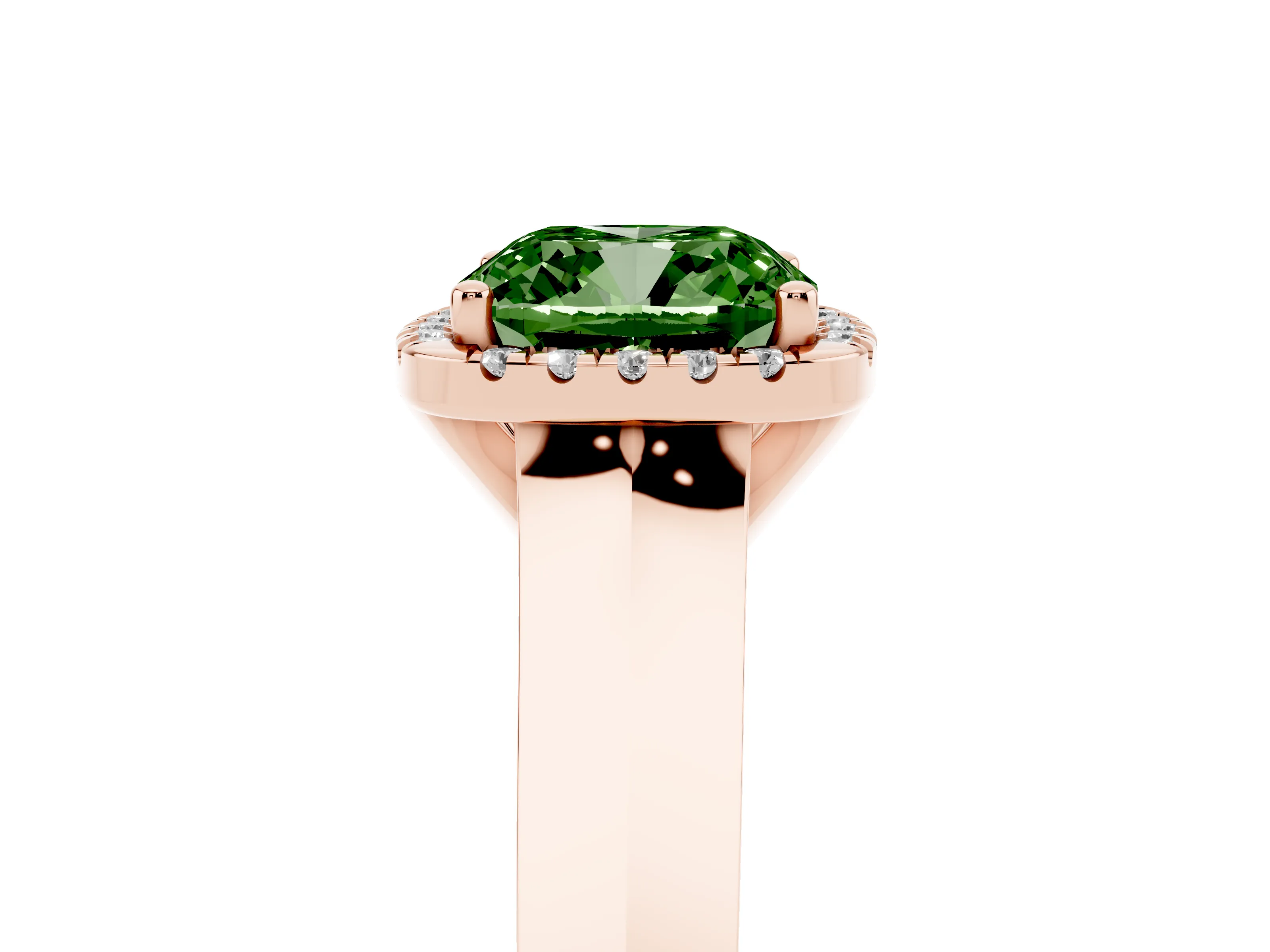 Fancy Green Cushion Cut Diamond Halo Ring Set in Rose gold with Cathedral Band and Prong Setting