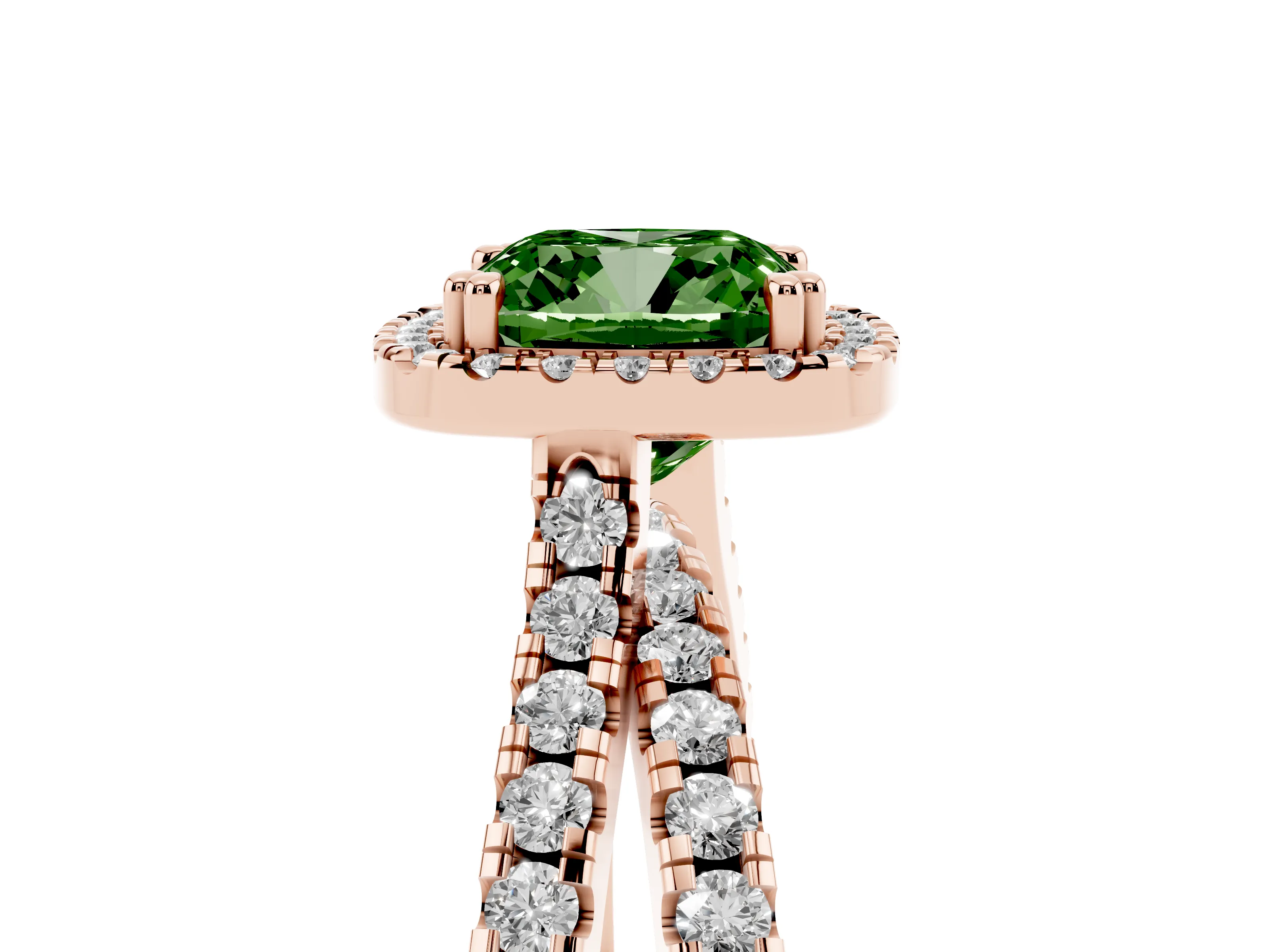 Fancy Green Cushion Cut Diamond Halo Split Shank Ring Set in Rose gold with Pavé Setting
