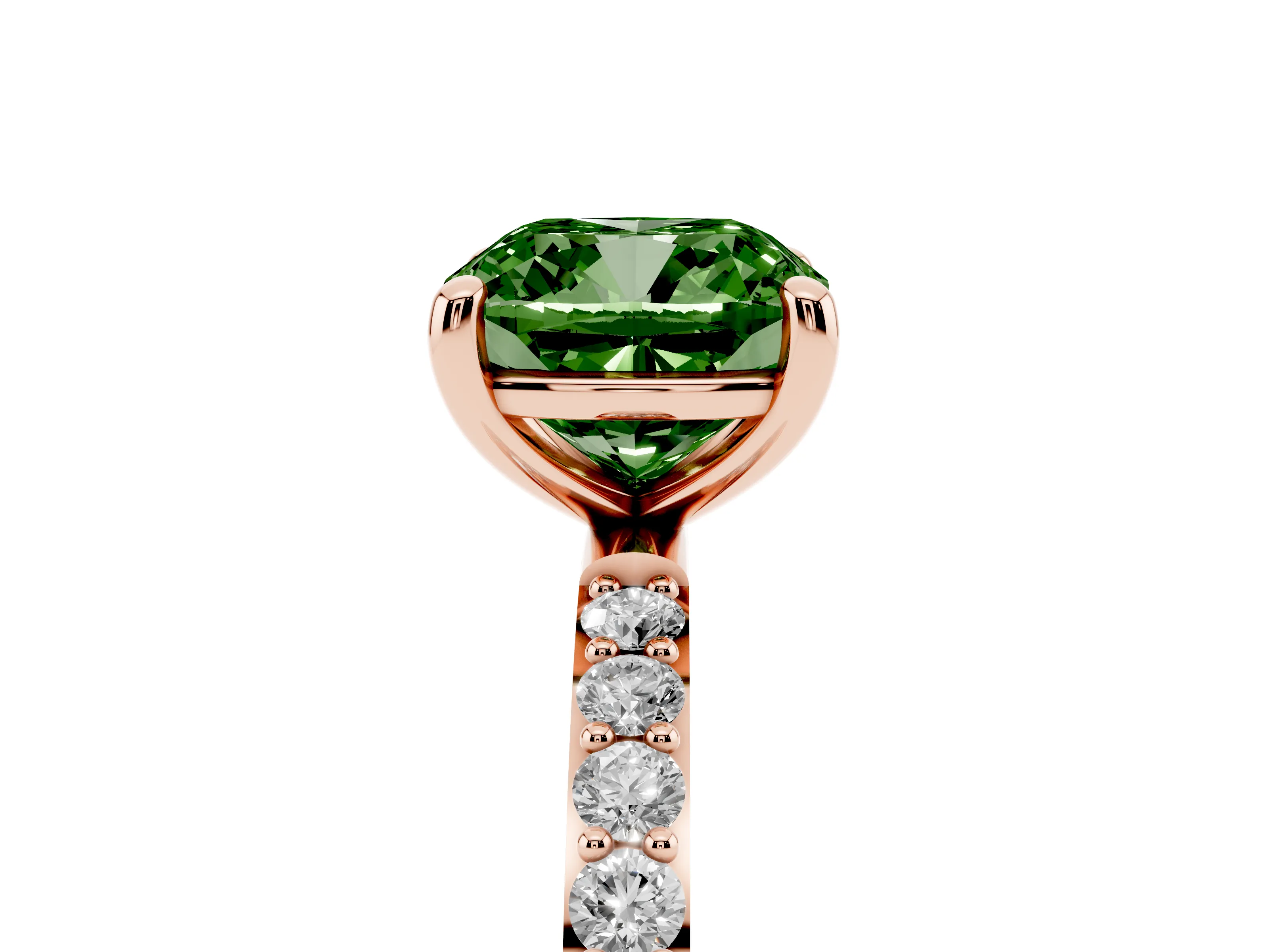Fancy Green Cushion Cut Diamond Solitaire Ring Set in Rose gold with Round Pavé Band and Prong Setting