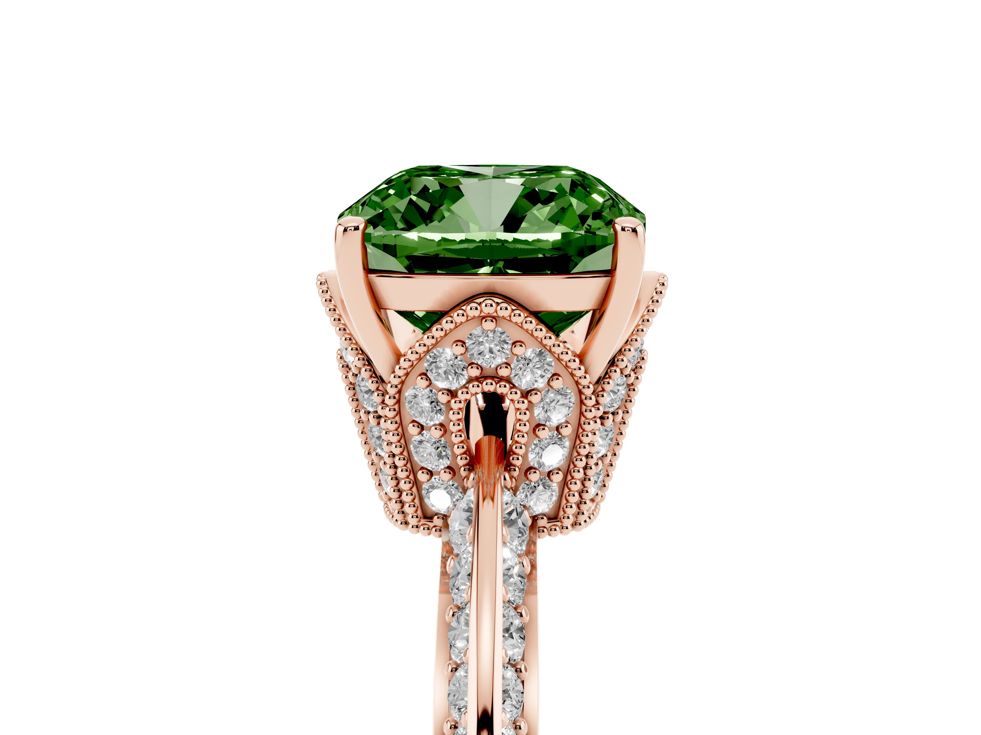 Fancy Green Cushion Cut Diamond Solitaire Engagement Ring Set in Rose gold with Pavé Split Shank and Prong Setting