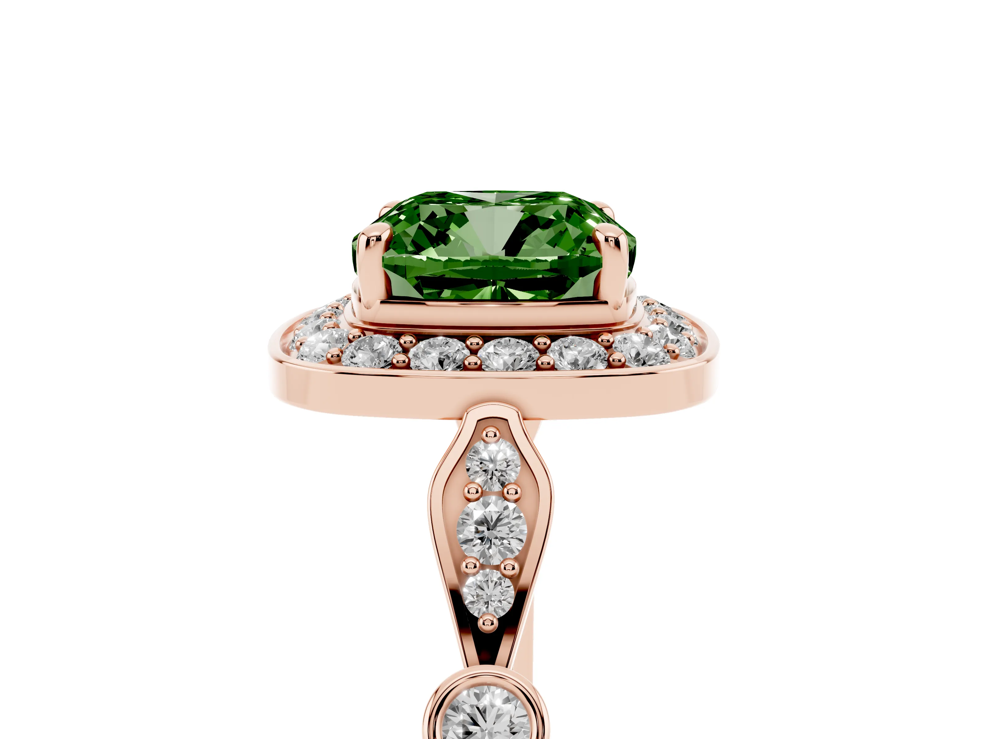 Fancy Green Cushion Cut Diamond Halo Engagement Ring Set in Rose gold with Twisted Band and Prong Setting
