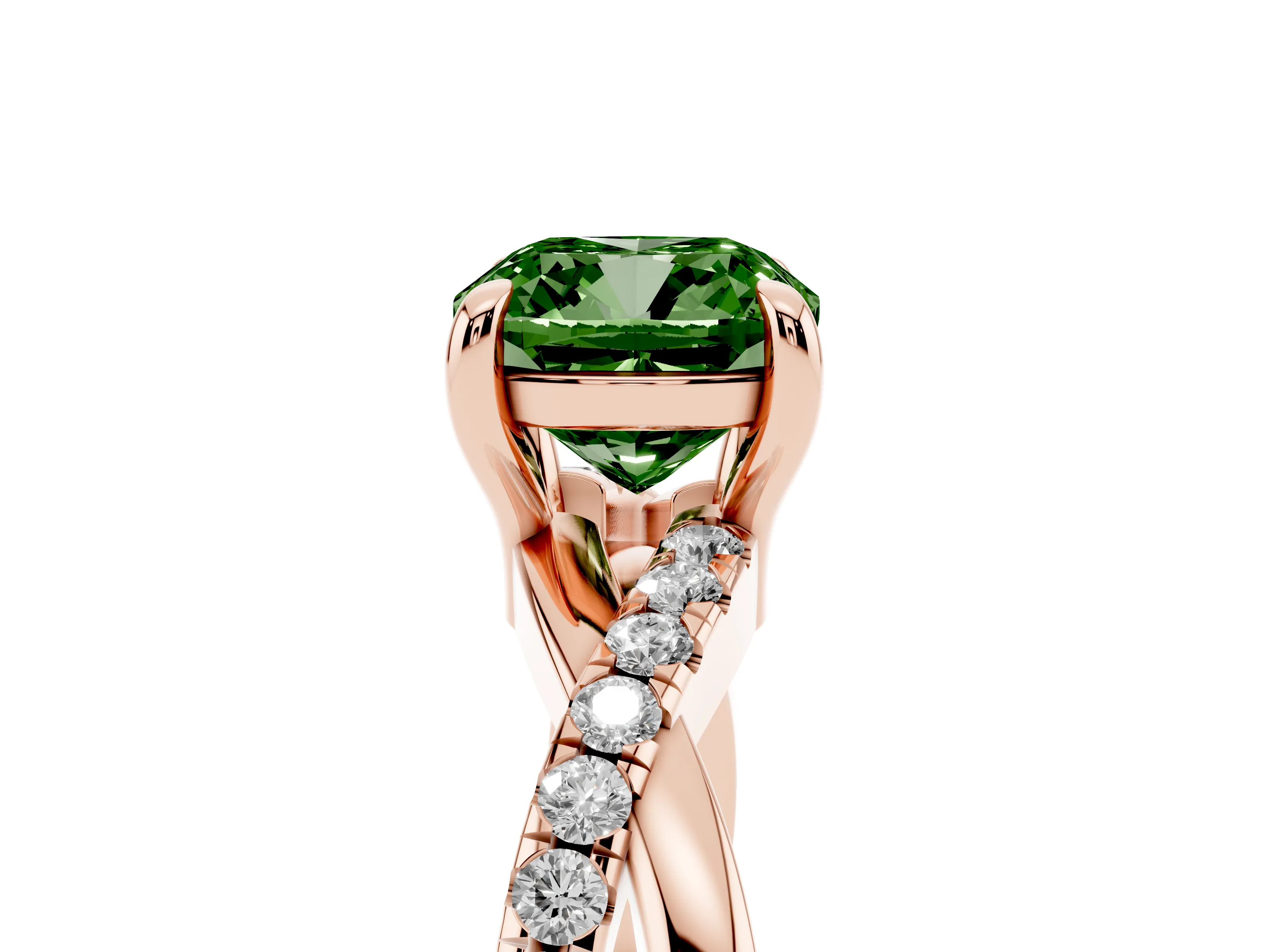 Fancy Green Cushion Cut Diamond Twist Band Pavé Solitaire Ring Set in Rose gold with Prong Setting