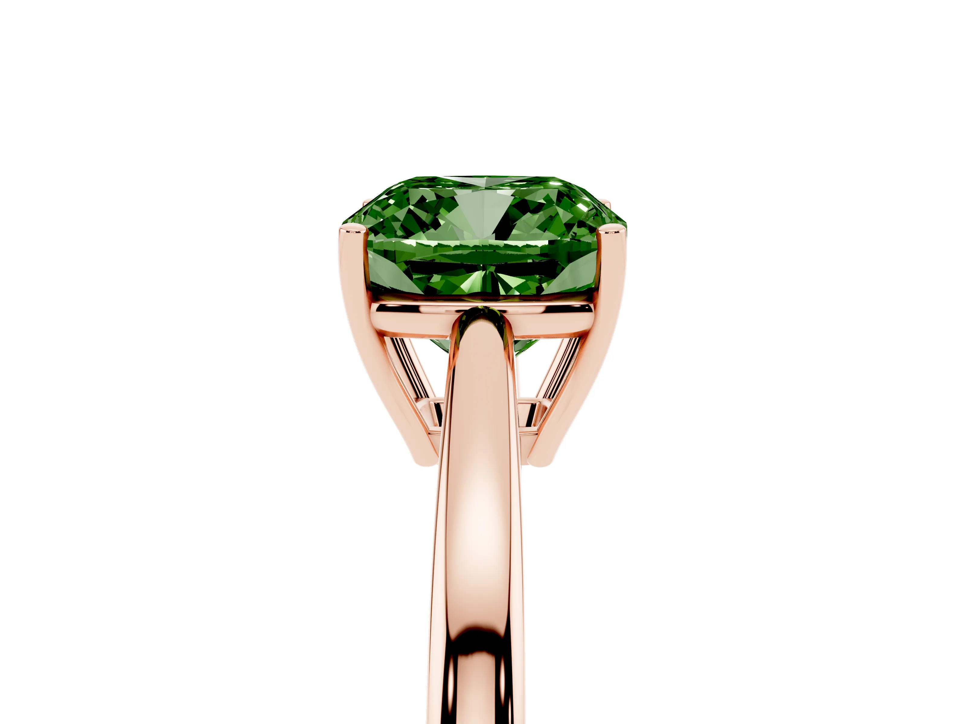 Fancy Green Cushion Cut Diamond Solitaire Ring Set in Rose gold with Split Shank and Prong Setting