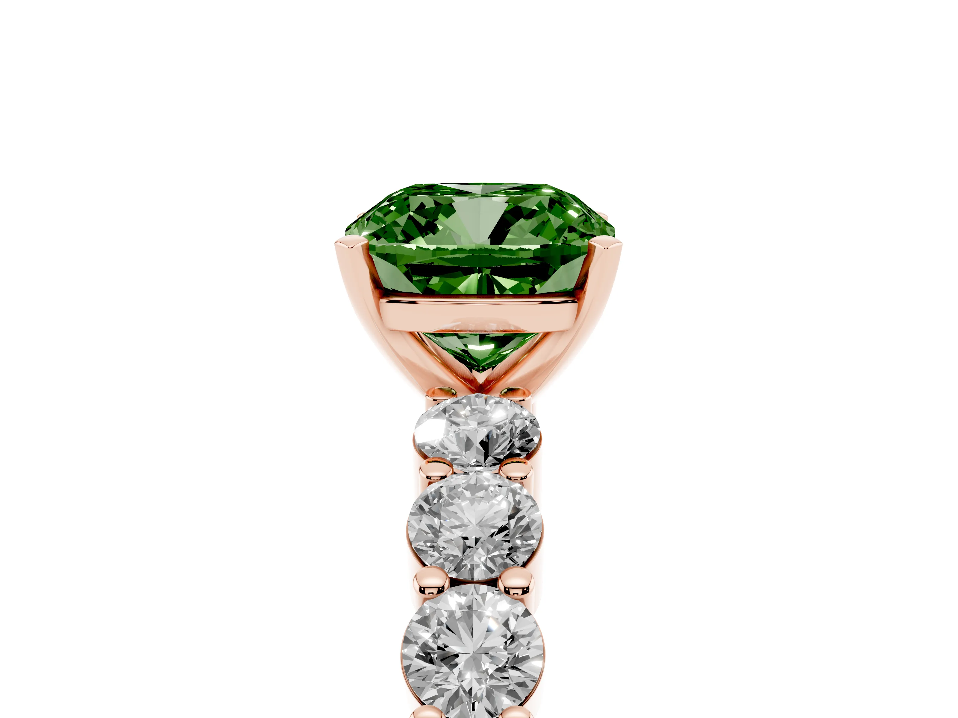 Fancy Green Cushion Cut Diamond Solitaire Ring Set in Rose gold with Shared Prong Round Side Stones