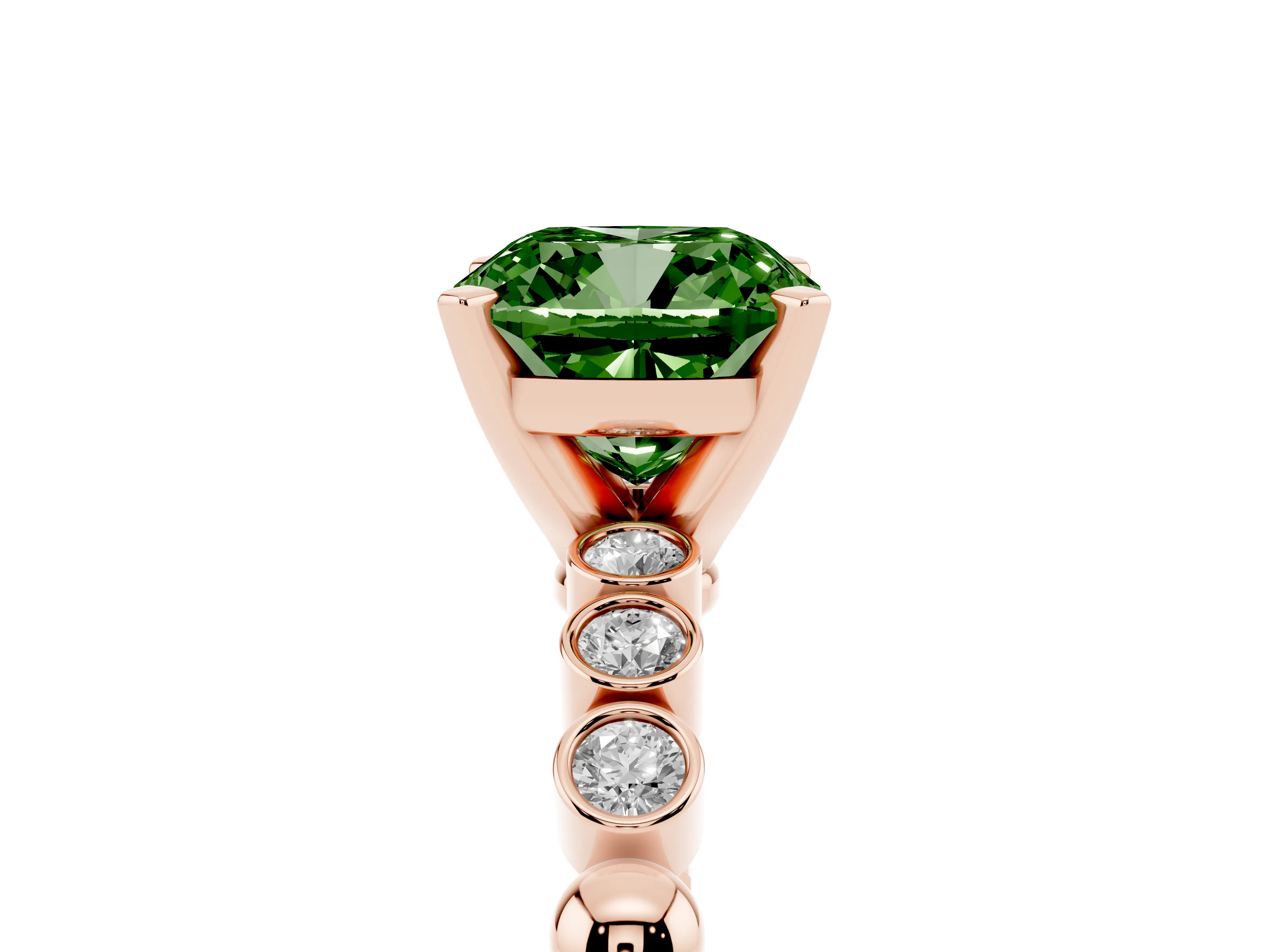 Fancy Green Cushion Cut Diamond Solitaire Engagement Ring Set in Rose gold with Bezel Accents on Beaded Band
